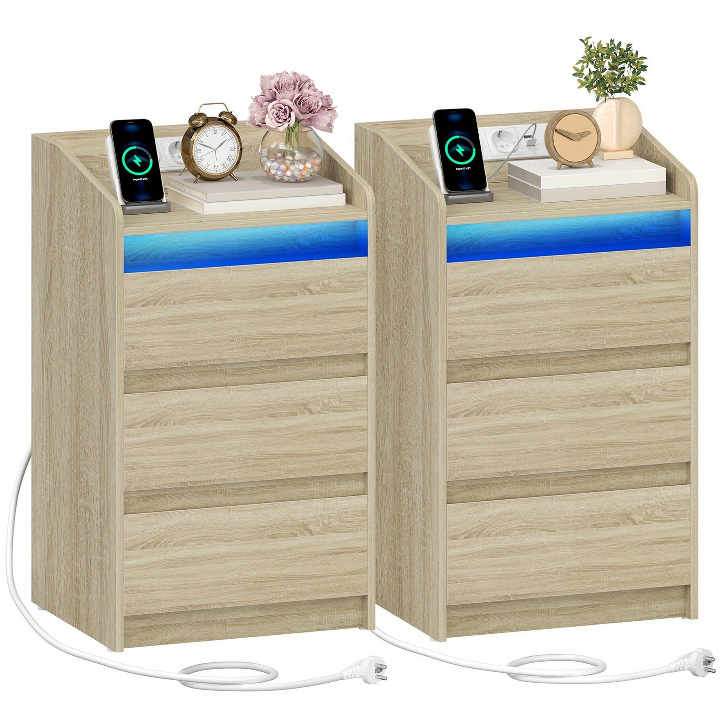 2er-Set Nachttische mit 3 Schubladen, LED-Licht & Ladestation – 2 Steckdosen, 2 USB-Ports, Weiß, ideal für Schlafzimmer & Wohnzimmer, montierbar