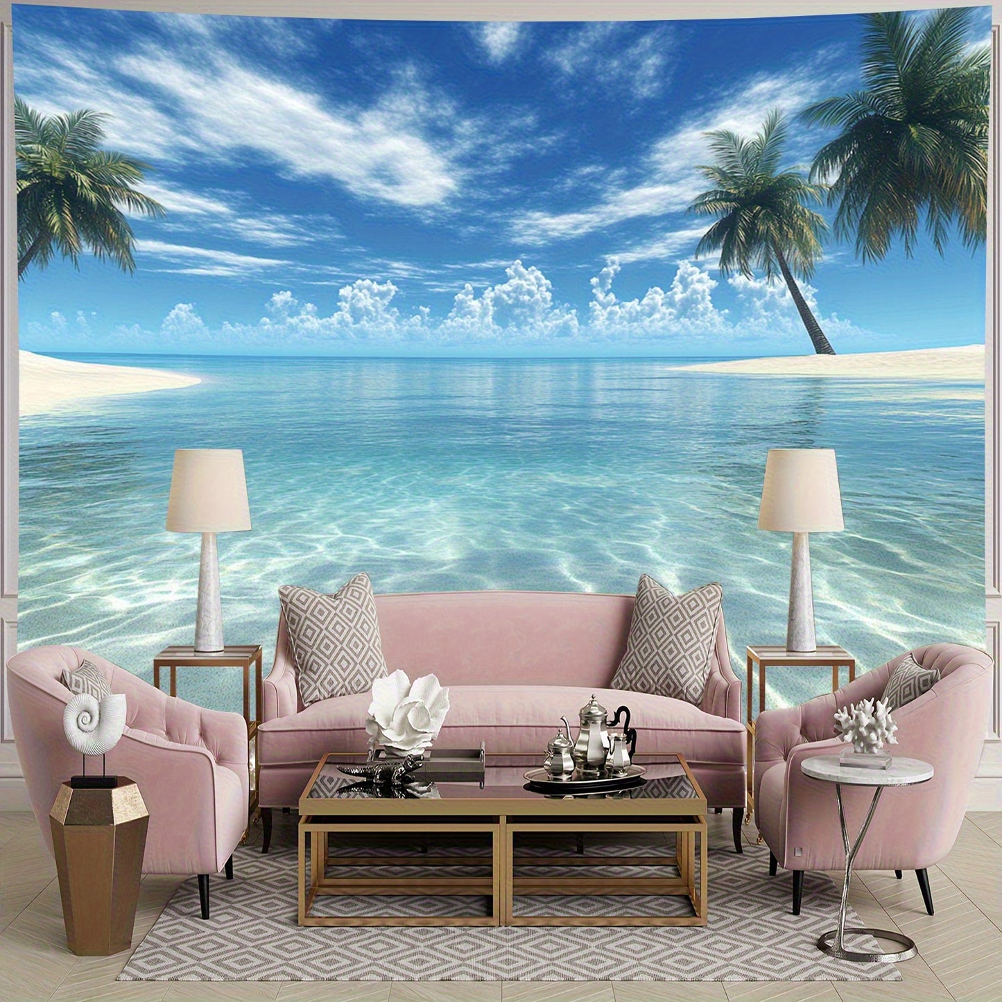 Großer tropischer Strand-Wandteppich – 2D Wandbild mit Palmen & klarem Wasser, inkl. Zubehör, ideal für Schlafzimmer & Wohnzimmer, Strand-Deko