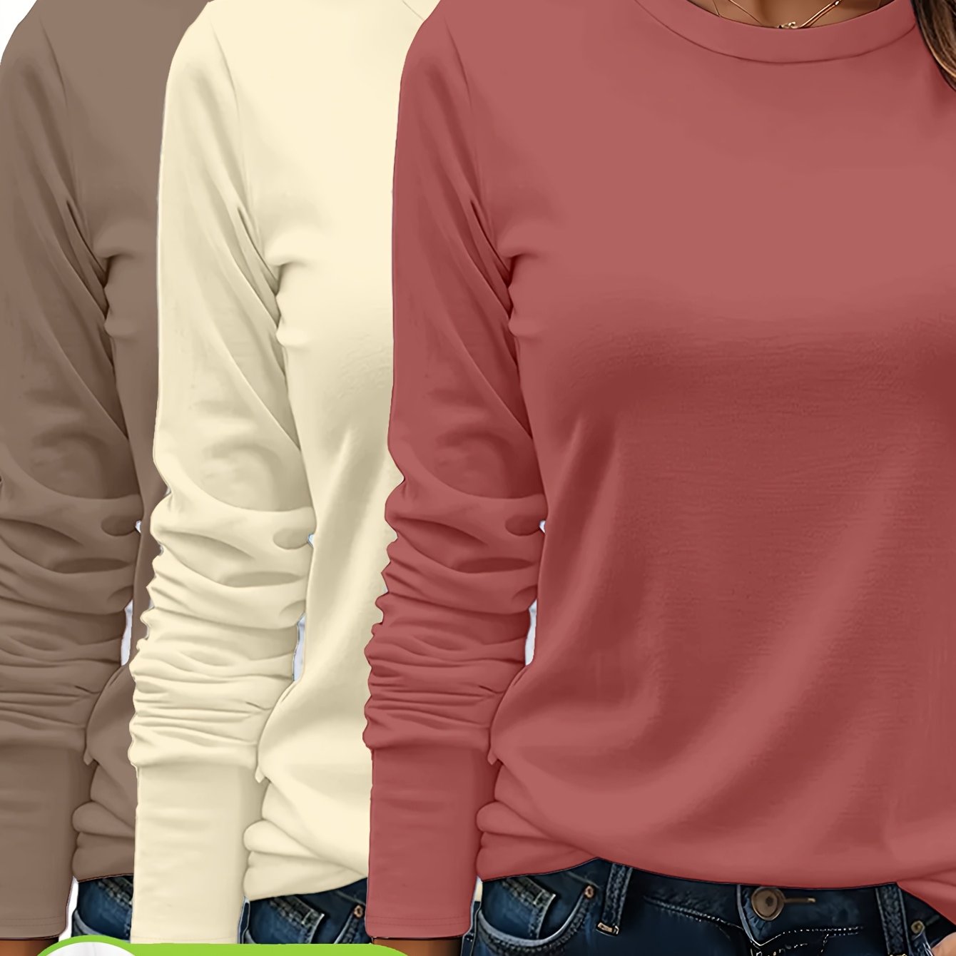 3er-Set Damen Langarmshirts aus 100 % schwerer Baumwolle – weich, langlebig, maschinenwaschbar – unifarben, bequem, für Alltag & jede Saison