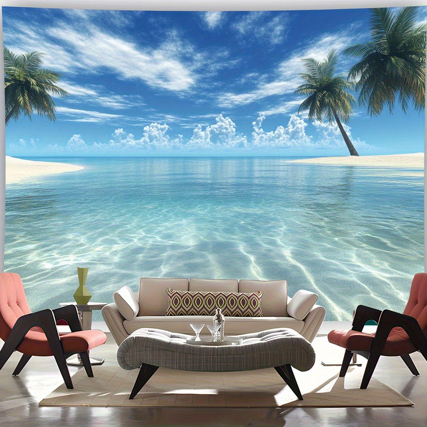Großer tropischer Strand-Wandteppich – 2D Wandbild mit Palmen & klarem Wasser, inkl. Zubehör, ideal für Schlafzimmer & Wohnzimmer, Strand-Deko