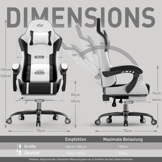 Gaming-Stuhl mit Massagefunktion – ergonomischer Racing Chair mit Fußstütze, Kopfstütze & Lendenkissen, gepolstert, bis 150 kg belastbar