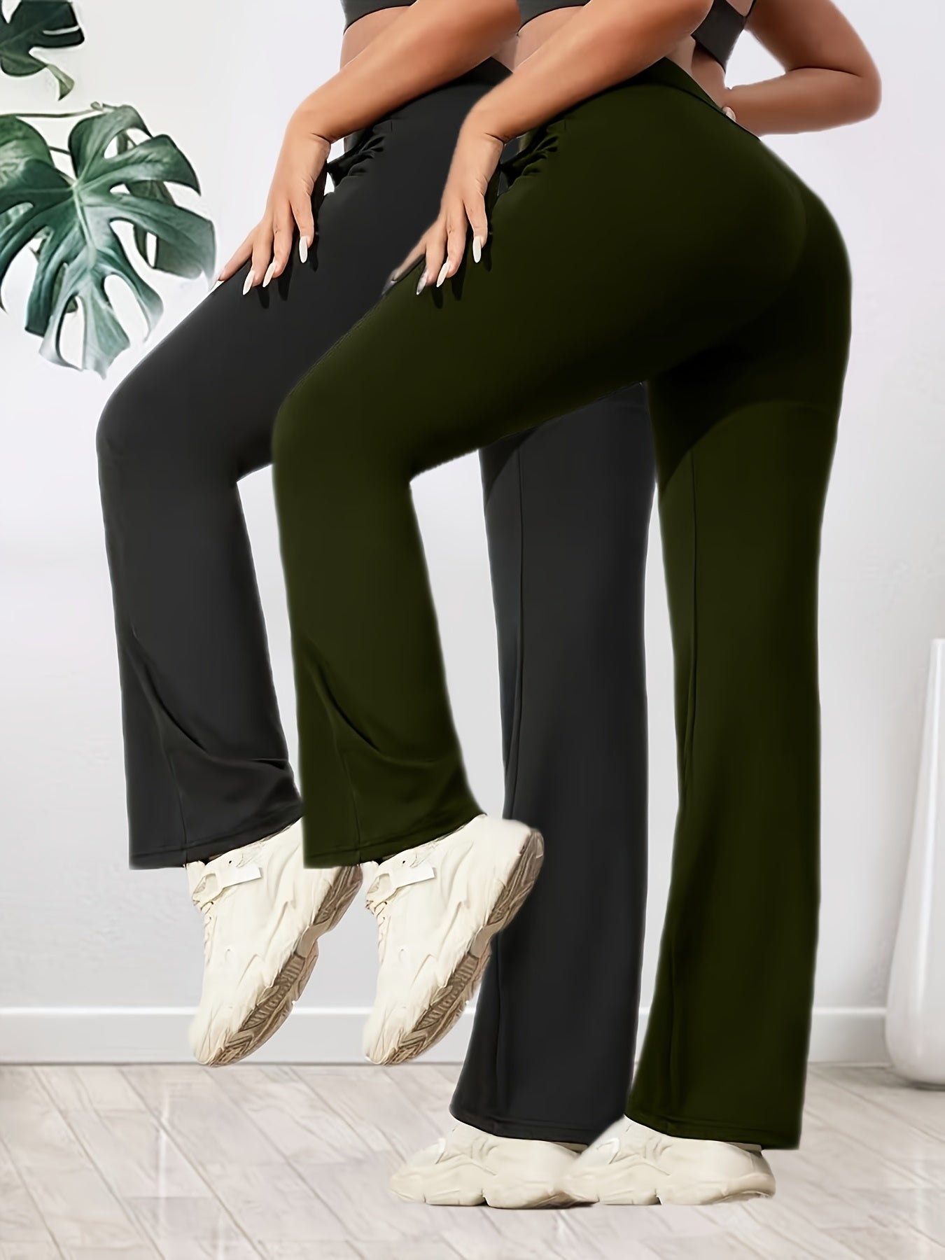 2er-Set Damen High-Waist Weite Flare-Hosen – Dehnbarer Elastikbund, atmungsaktiver lockerer Schnitt für Yoga, Spaziergänge & Freizeit, Olivgrün & Schwarz, Seitentaschen, Ganzjahreskomfort