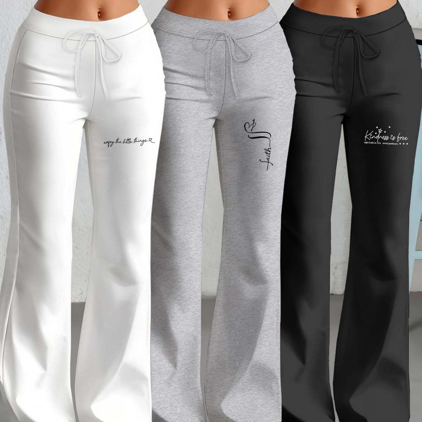 3er-Set Damenhosen mit geradem Schnitt & ausgestelltem Bein, englischem Textdruck, elastischem Stoff – stylisch & bequem für Alltag & Freizeit