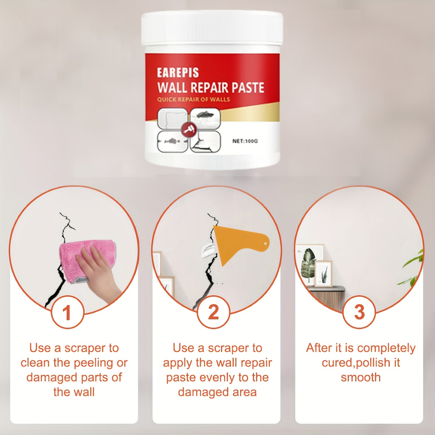 100g Wandreparatur-Set für Zuhause – Einfach anzuwenden, wasserdicht, rissfest, glatte Oberfläche, kein Vorwissen nötig, ideal für Innenräume