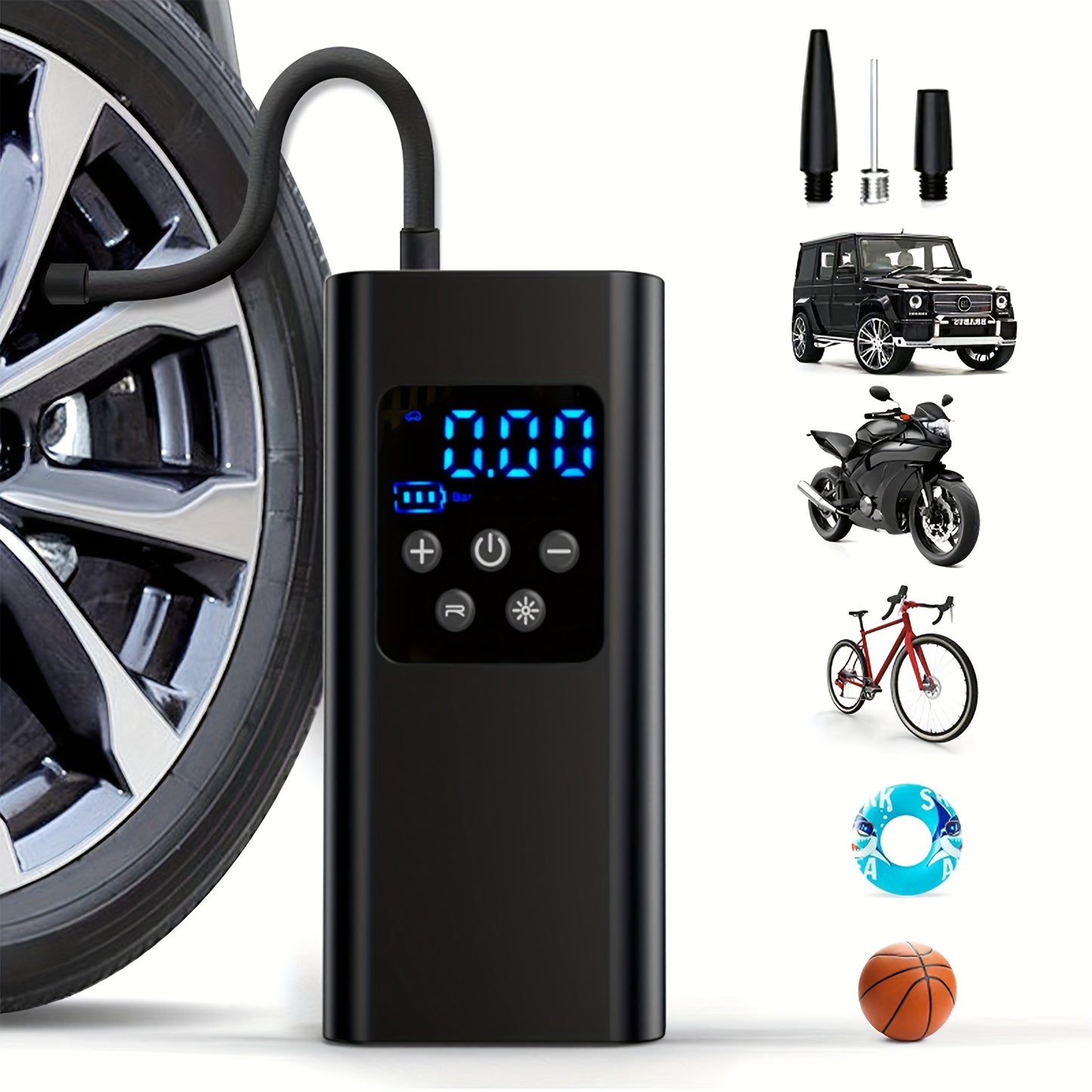 Tragbarer Luftkompressor mit 3 Akkus, LCD-Display, LED-Licht & SOS-Modus – Ideal für Auto, Motorrad & Fahrrad – Wiederaufladbar & kompakt