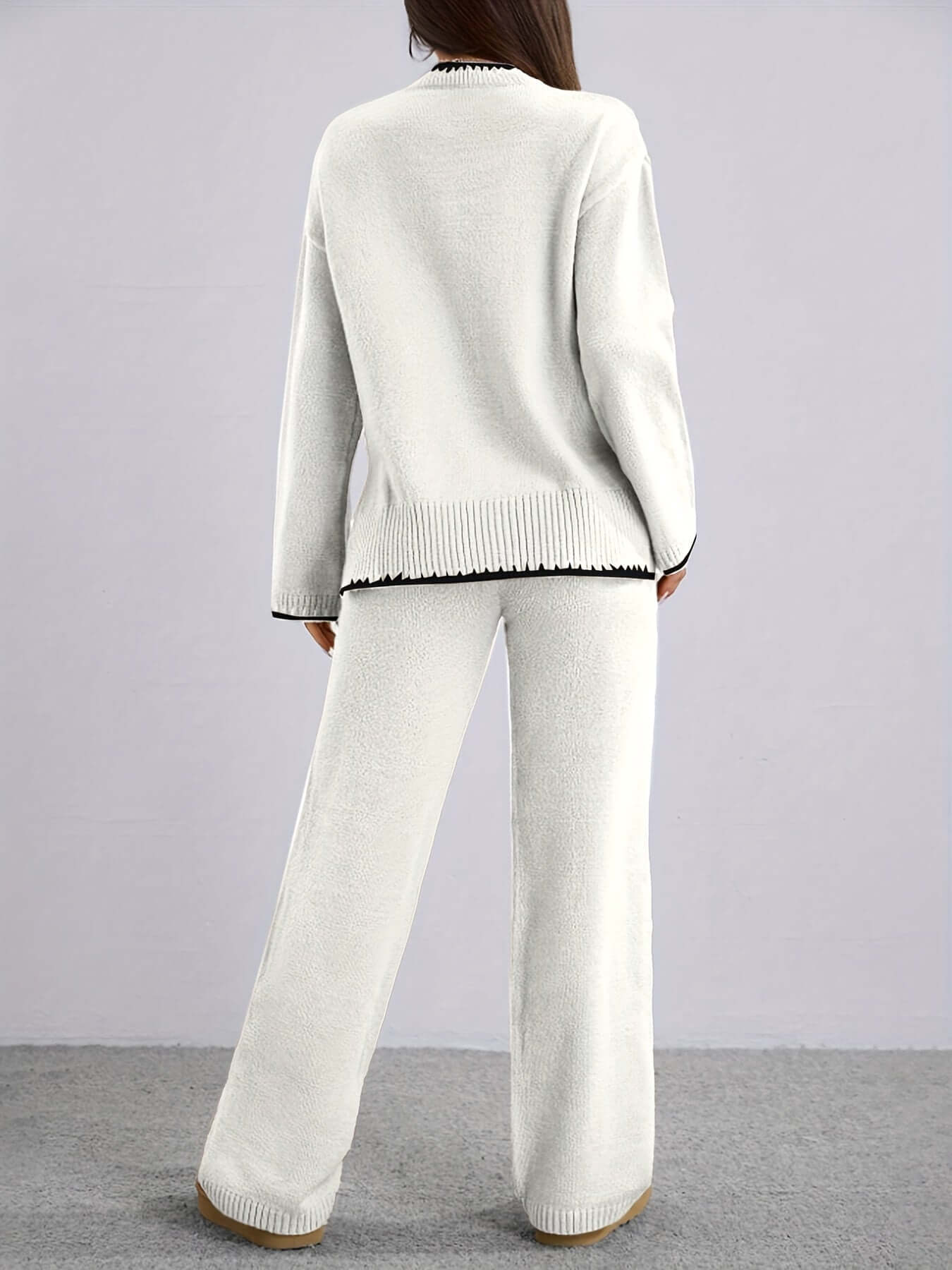 Zweiteiler Damen ZD0505906 – Elegantes Set mit Rundhals Pullover & Hose, Kontrastdesign, Frühling bis Winter
