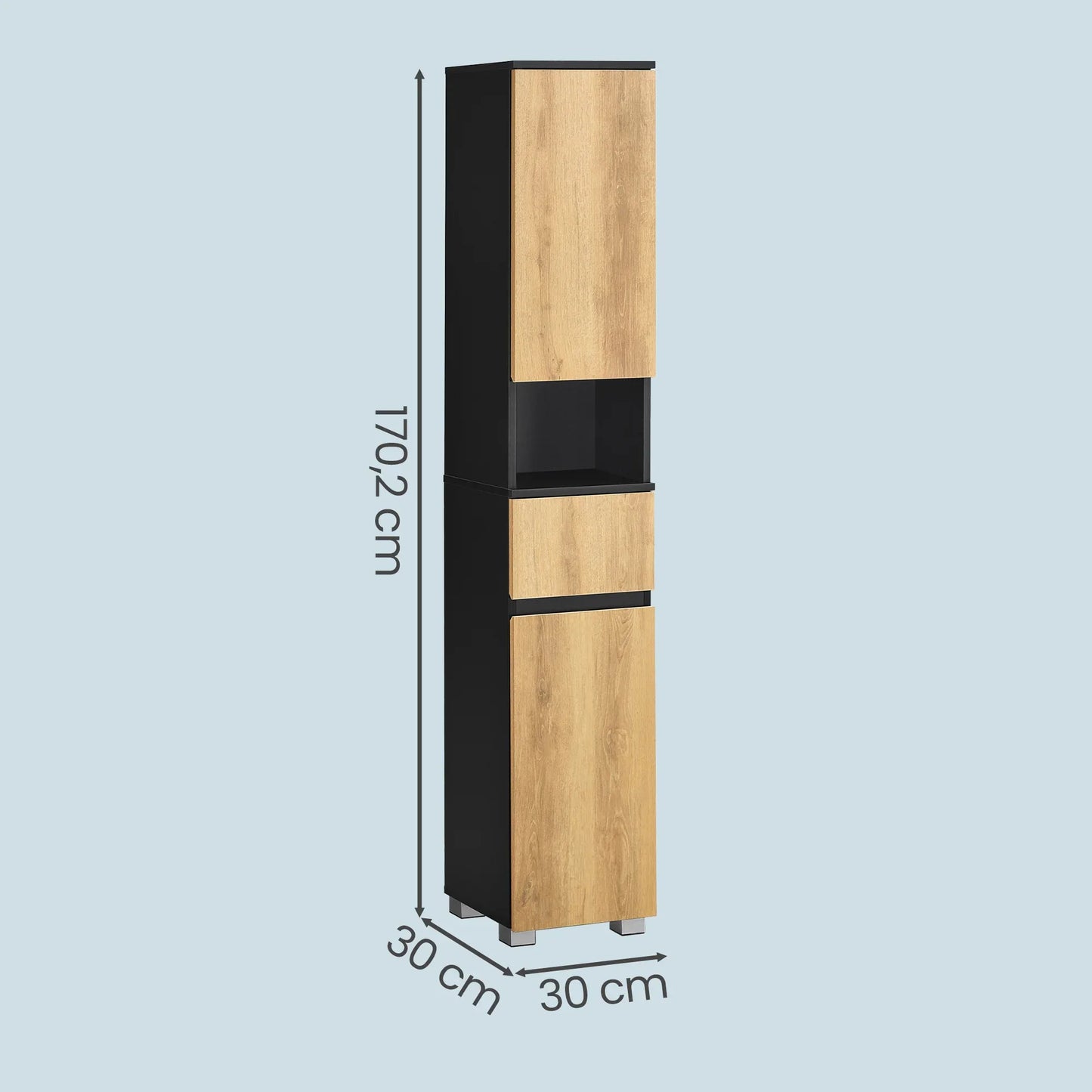 Badezimmerschrank mit Schublade & verstellbaren Einlegeböden – 30×30×170 cm, Schwarz-Braun