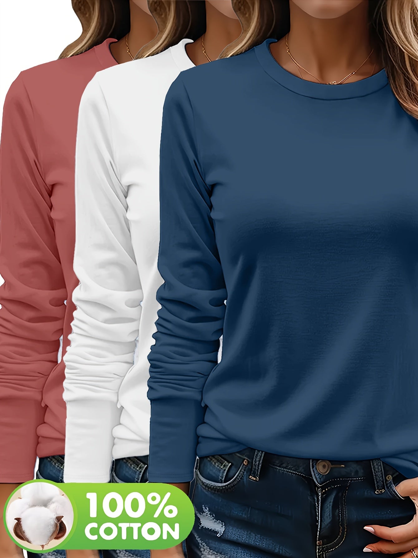 3er-Set Damen Langarmshirts aus 100 % schwerer Baumwolle – weich, langlebig, maschinenwaschbar – unifarben, bequem, für Alltag & jede Saison