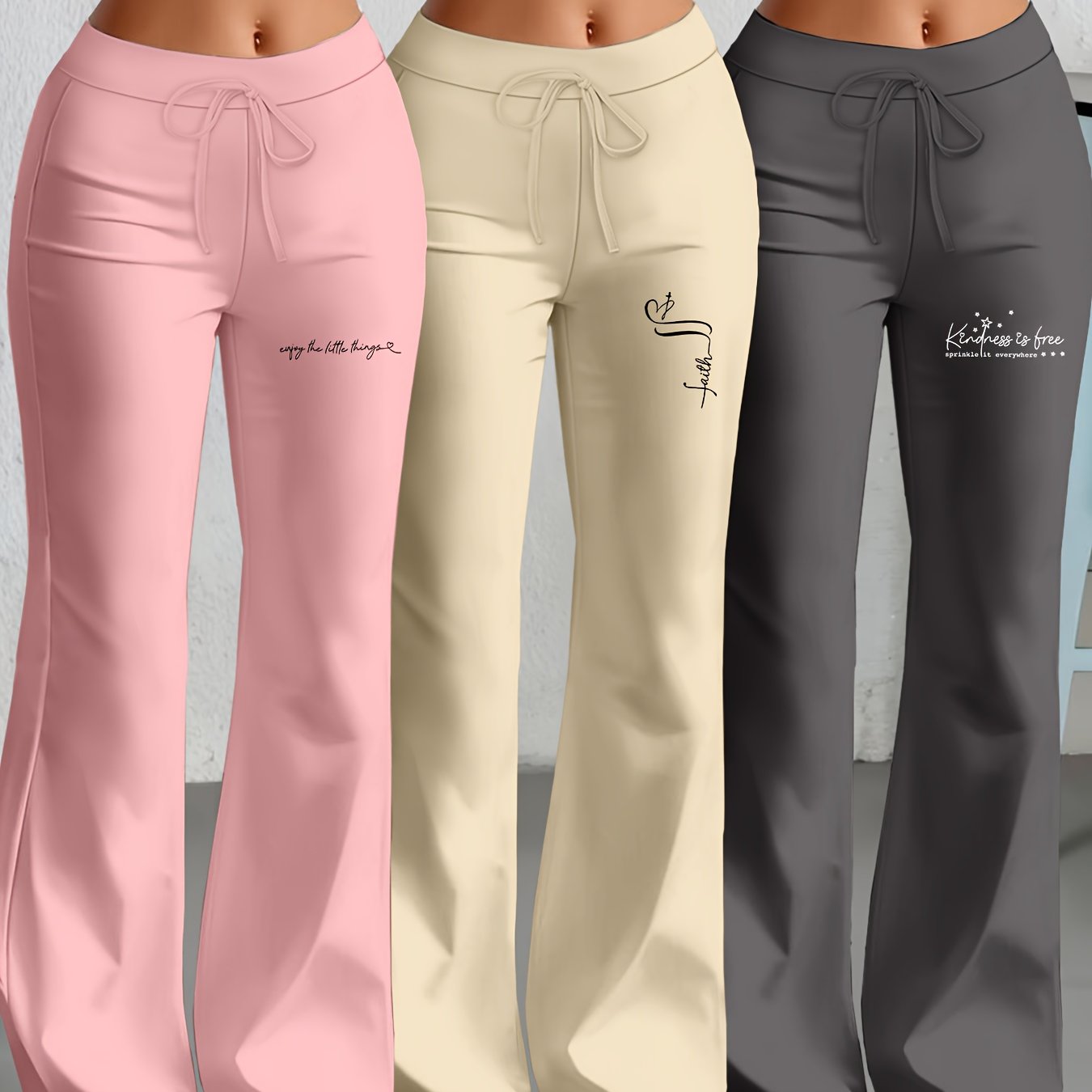 3er - Set Damenhosen mit geradem Schnitt & ausgestelltem Bein, englischem Textdruck, elastischem Stoff – stylisch & bequem für Alltag & Freizeit - FUXL - Shopify