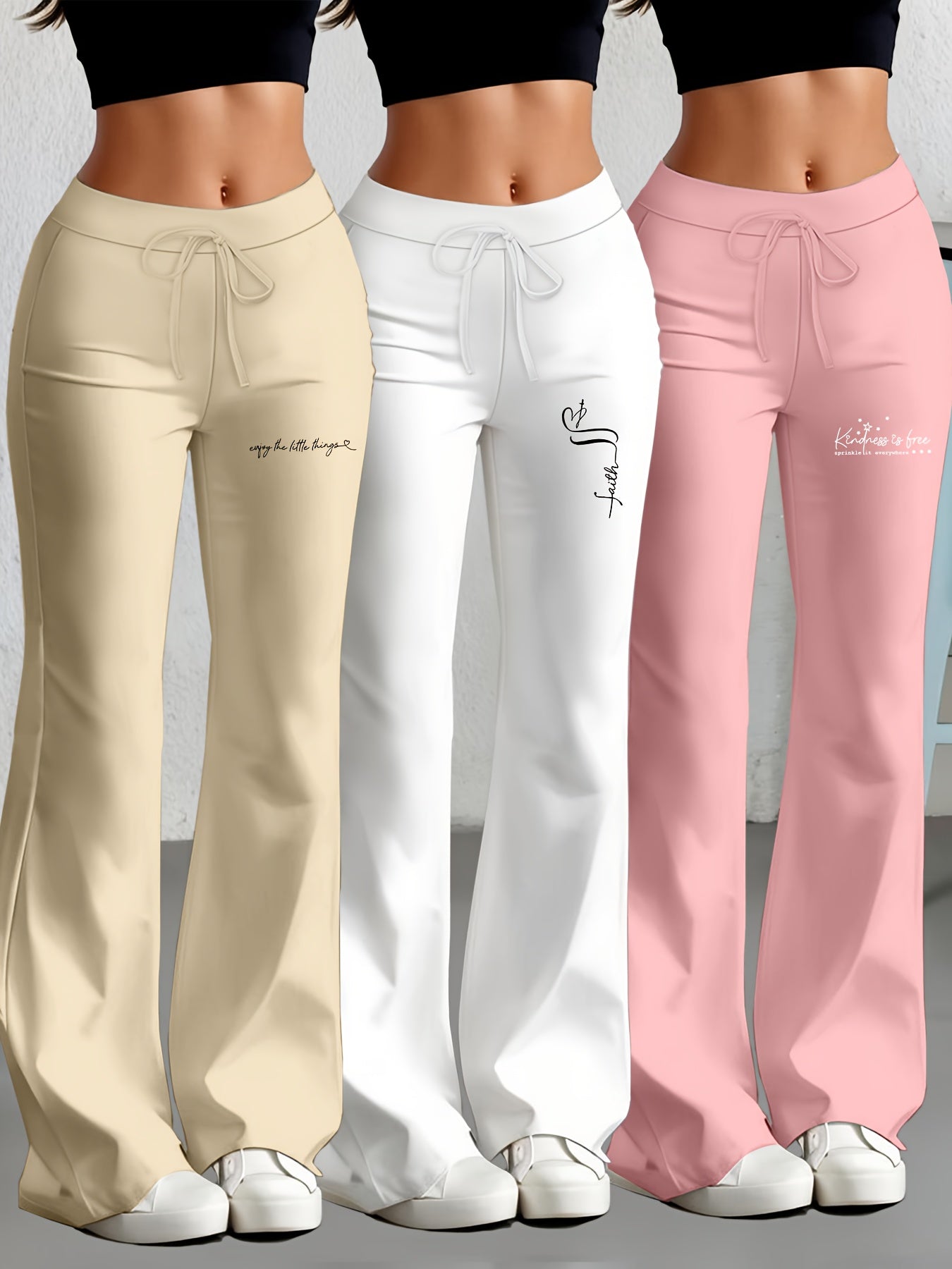 3er-Set Damenhosen mit geradem Schnitt & ausgestelltem Bein, englischem Textdruck, elastischem Stoff – stylisch & bequem für Alltag & Freizeit