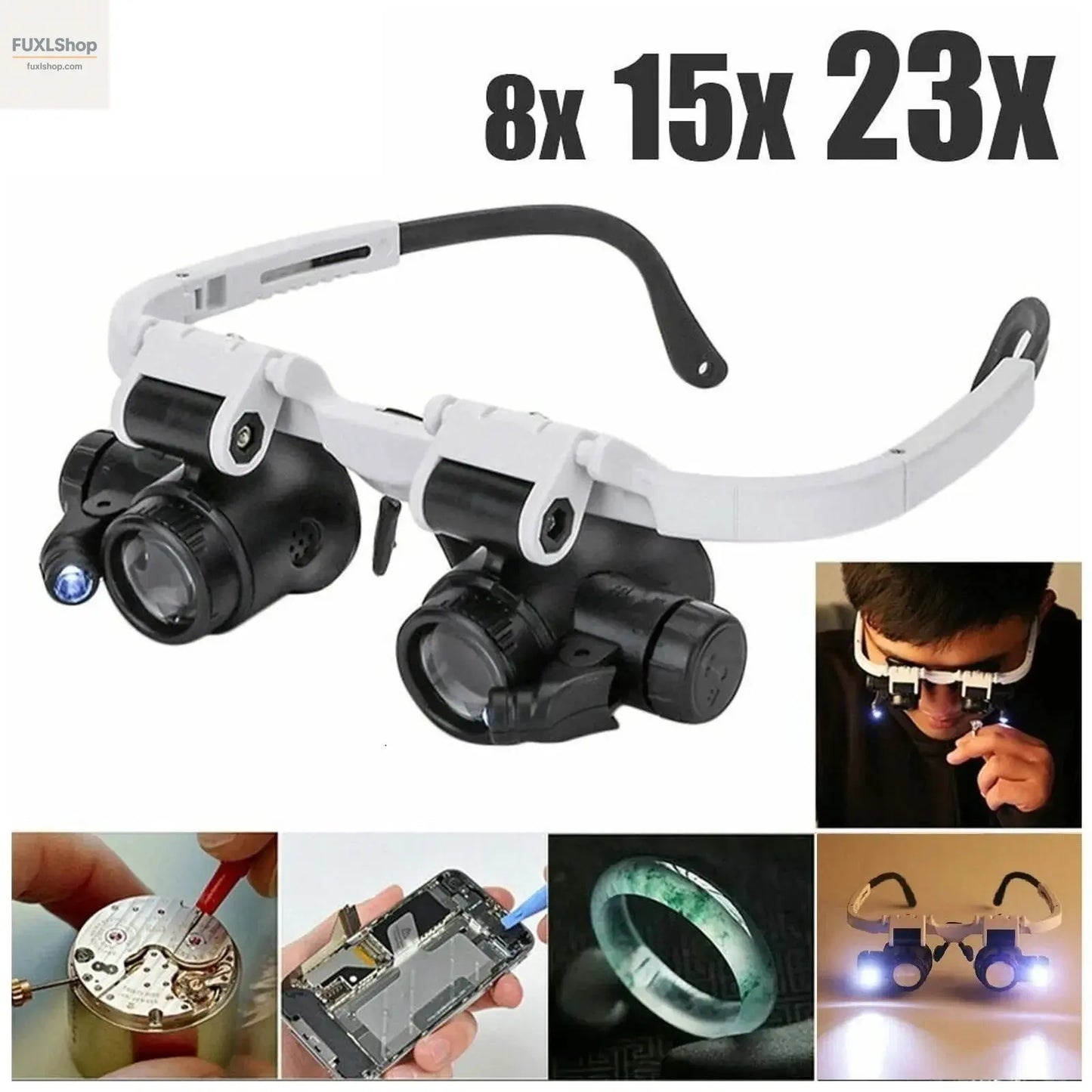 2XLED Watch Jeweler Repair Magnifier Head-Mounted Headband Adjustable Magnifying Head Eye Glasses Loupe Lens 8X 15X 23X - FUXL-Shopify