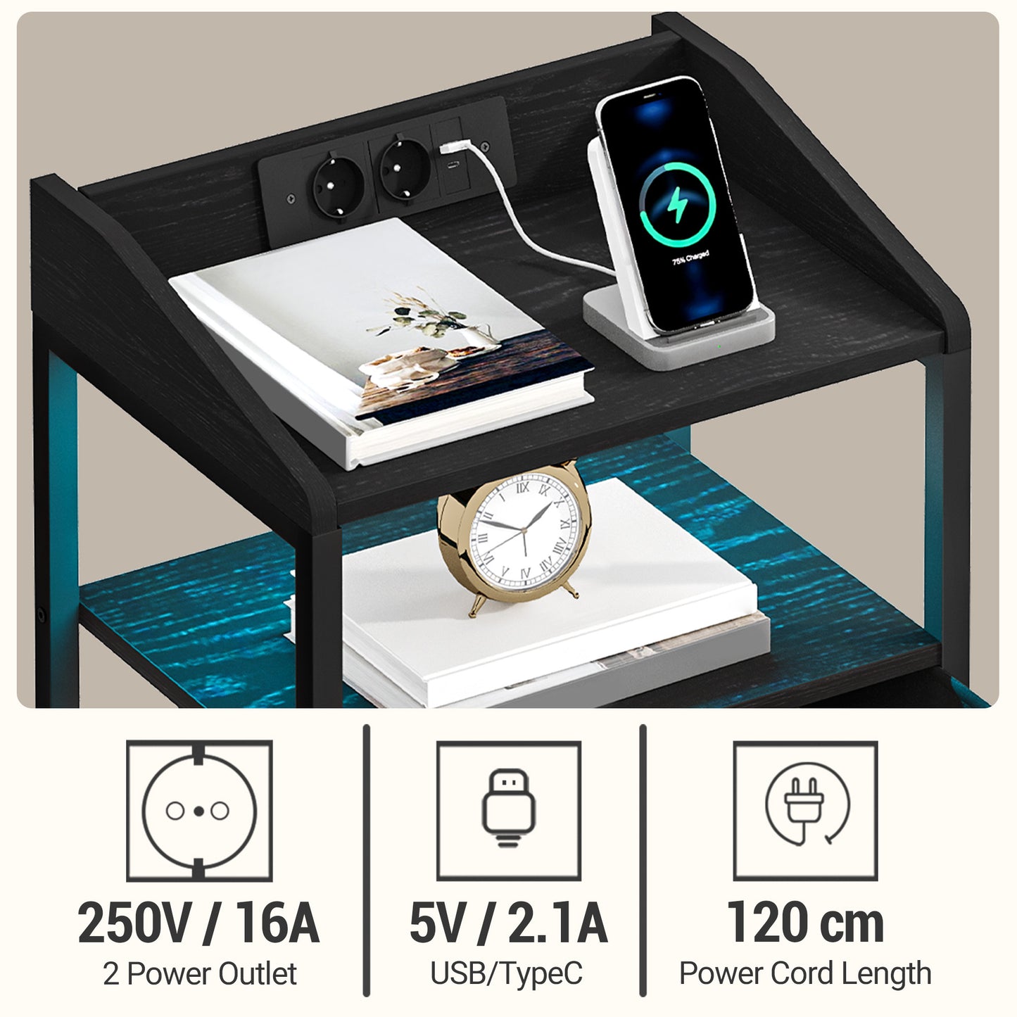 2er-Set LED-Nachttische mit Ladefunktion, Stoffschubladen & USB/Steckdose – Weiß/Schwarz