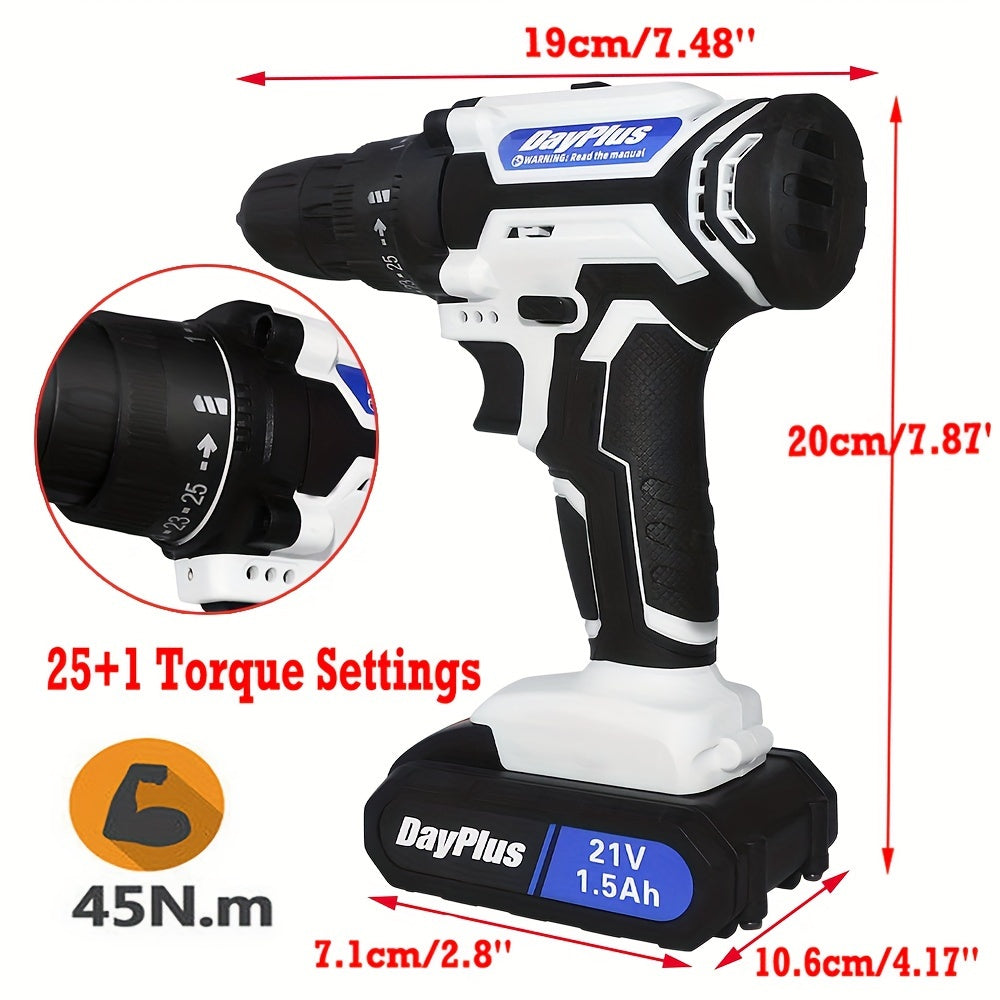 21V Akku-Bohrschrauber Set mit 2-Gang-Schaltung, 45Nm Drehmoment, LED, 25+1 Drehmomentstufen, 2 Akkus, Ladegerät, 29-teiliges Zubehör & Koffer