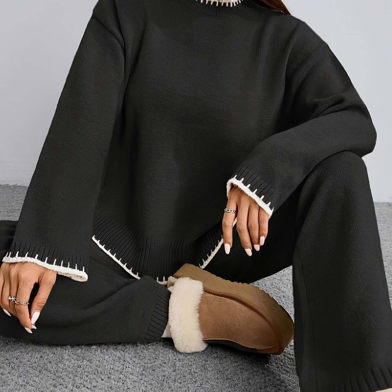 Zweiteiler Damen ZD0505906 – Elegantes Set mit Rundhals Pullover & Hose, Kontrastdesign, Frühling bis Winter