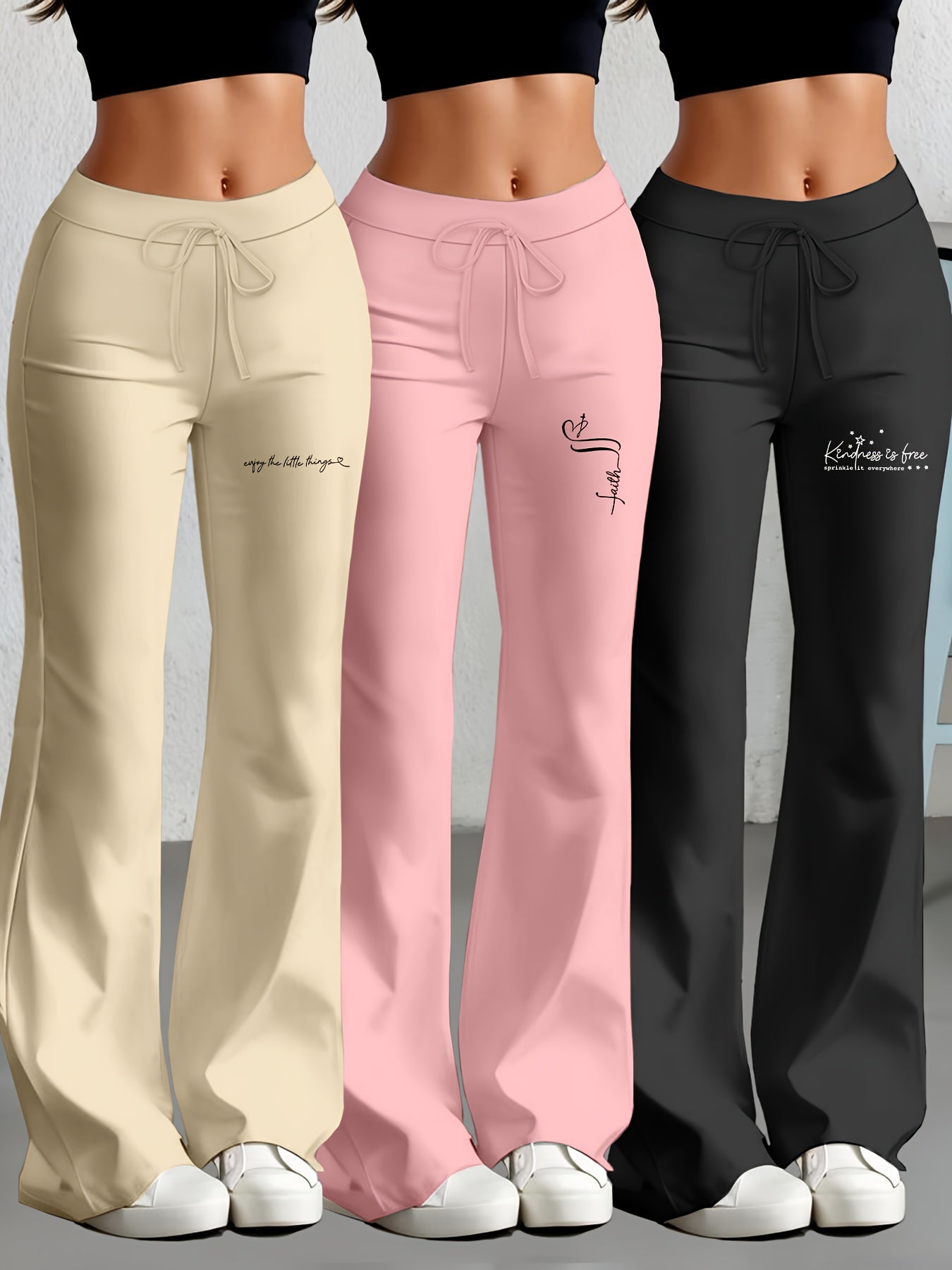 3er-Set Damenhosen mit geradem Schnitt & ausgestelltem Bein, englischem Textdruck, elastischem Stoff – stylisch & bequem für Alltag & Freizeit