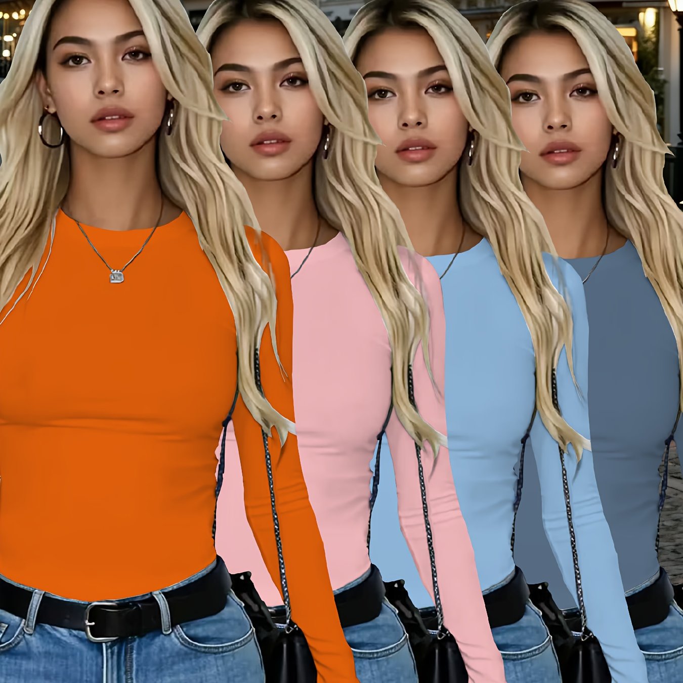 4er-Pack Damen Langarmshirts Rundhals – Stretch Basic-Tops Uni-Farben