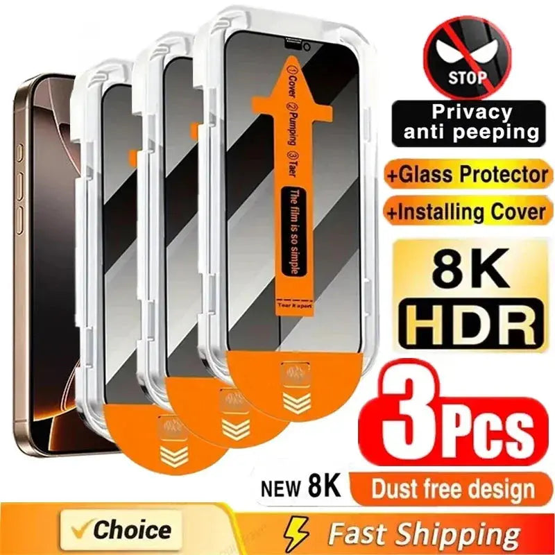 3Pcs Dust Free Installation Privacy Screen Protector For iPhone 16 15 14 13 12 11 Pro Max Mini XS X XR 15 16 Plus Anti-spy Glass FUXL-Shopify