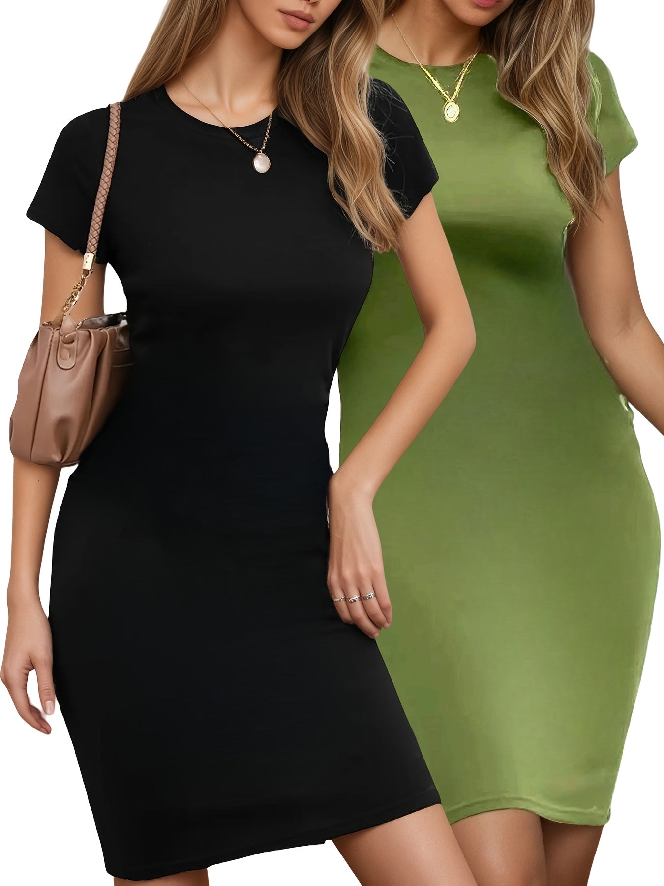 Damen Bodycon-Kleid – Einfarbig, knielang, kurzarm, verstellbare Träger, rundhals, ohne Polster, ideal für Sommer, Party, Club & elegante Anlässe