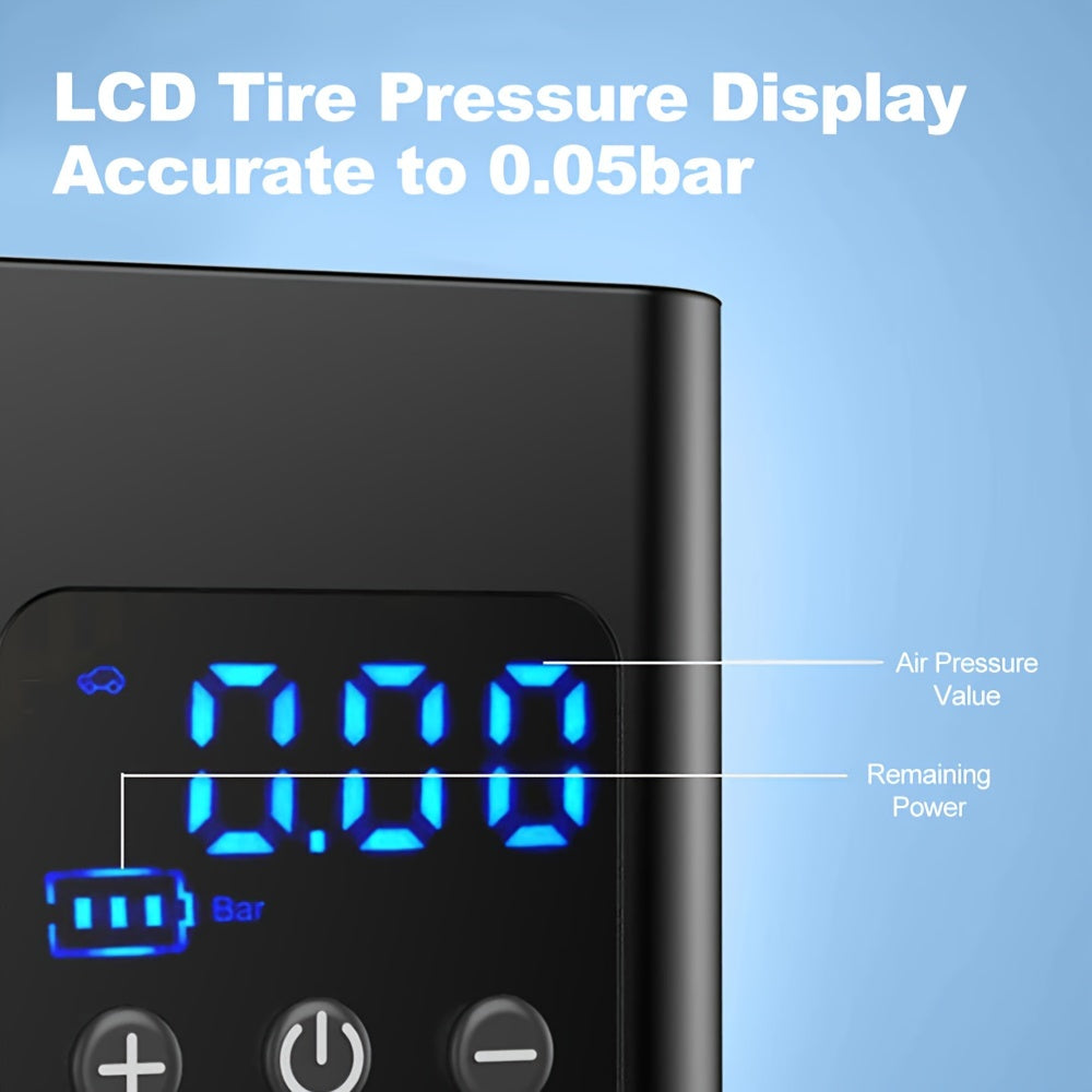 Tragbarer Luftkompressor mit 3 Akkus, LCD-Display, LED-Licht & SOS-Modus – Ideal für Auto, Motorrad & Fahrrad – Wiederaufladbar & kompakt