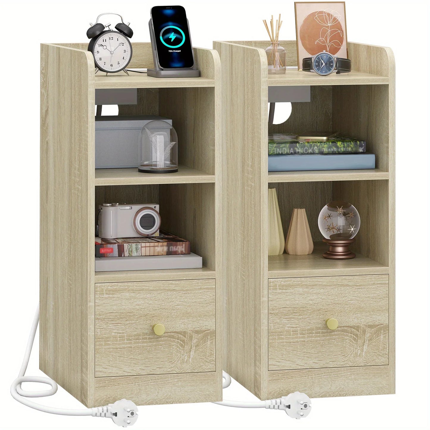 Nachttisch 2er-Set mit USB & Typ-C Ladestation, 3 Ablagen, Schublade – Eiche