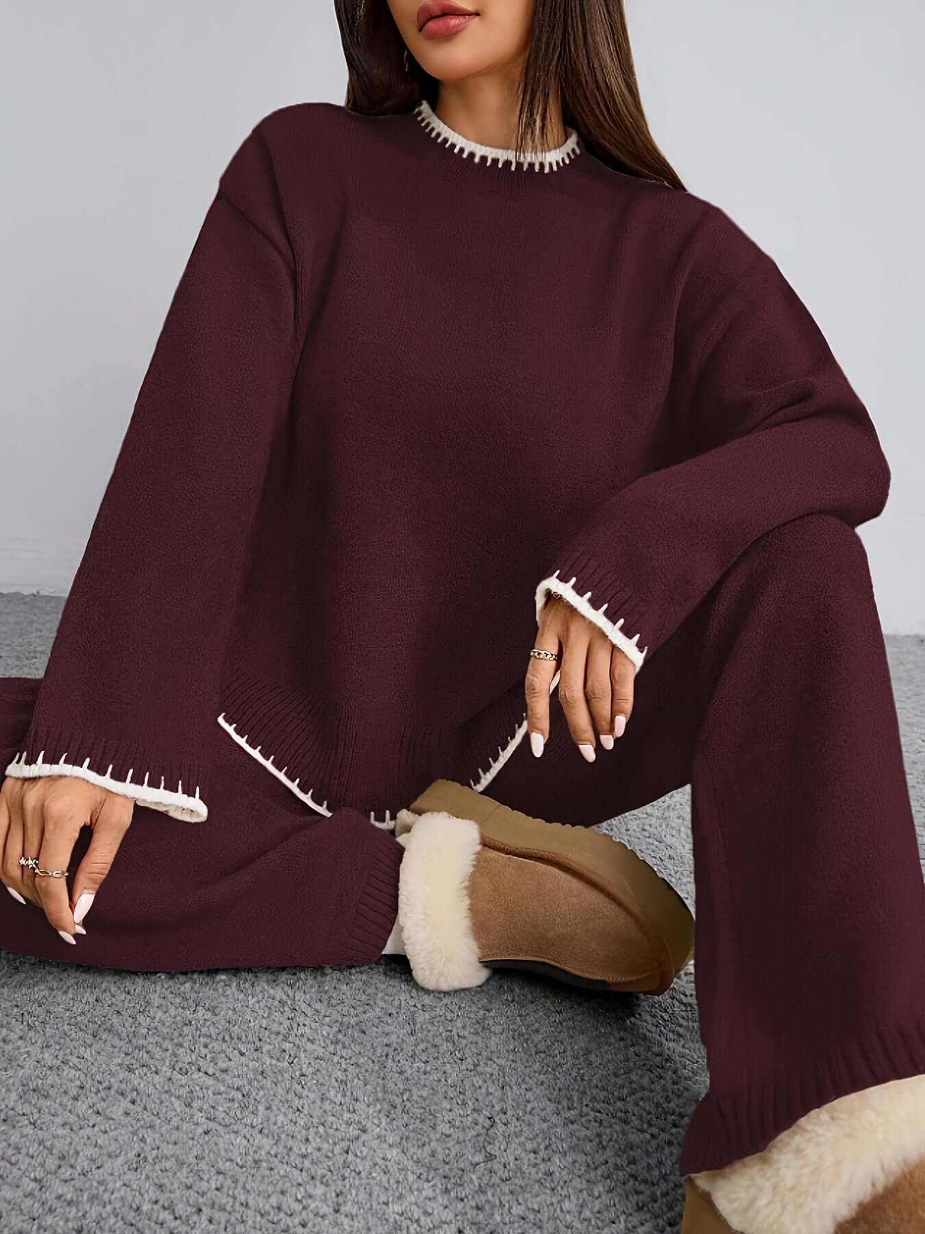 Zweiteiler Damen ZD0505906 – Elegantes Set mit Rundhals Pullover & Hose, Kontrastdesign, Frühling bis Winter