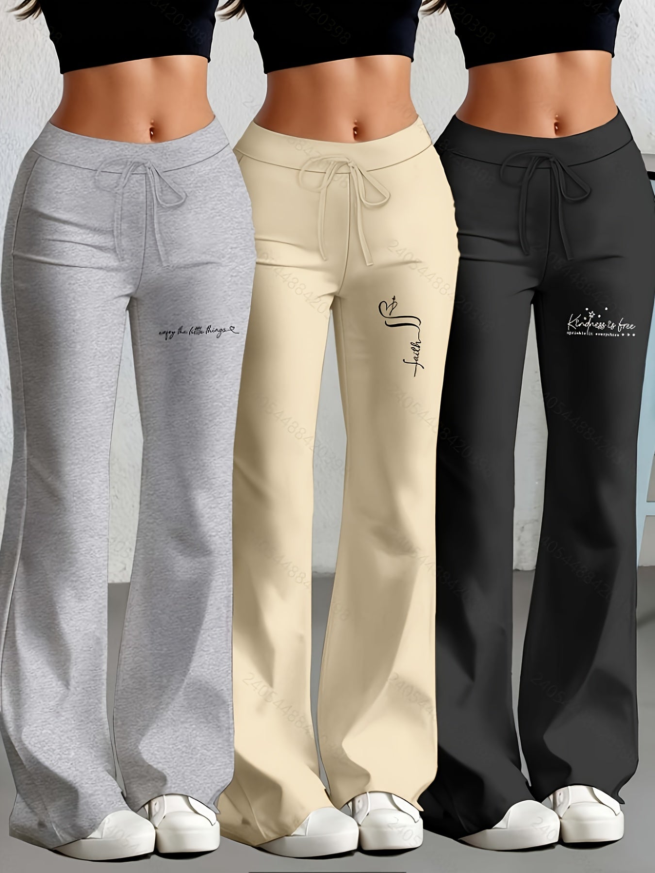 3er - Set Damenhosen mit geradem Schnitt & ausgestelltem Bein, englischem Textdruck, elastischem Stoff – stylisch & bequem für Alltag & Freizeit - FUXL - Shopify