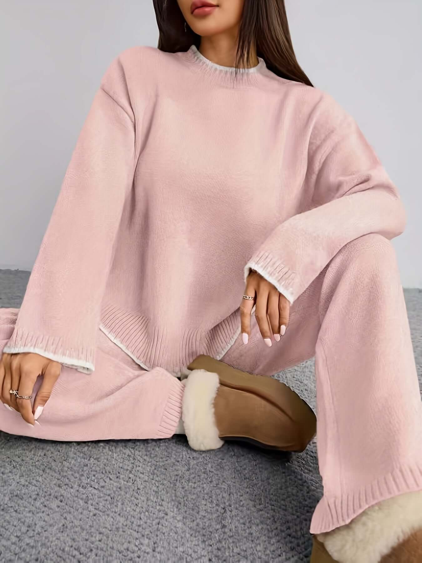 Zweiteiler Damen ZD0505906 – Elegantes Set mit Rundhals Pullover & Hose, Kontrastdesign, Frühling bis Winter