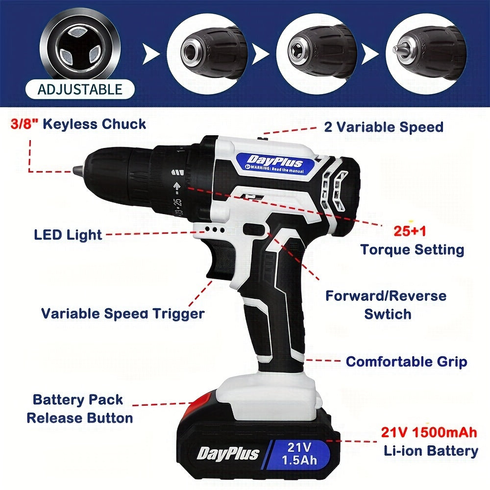 21V Akku-Bohrschrauber Set mit 2-Gang-Schaltung, 45Nm Drehmoment, LED, 25+1 Drehmomentstufen, 2 Akkus, Ladegerät, 29-teiliges Zubehör & Koffer