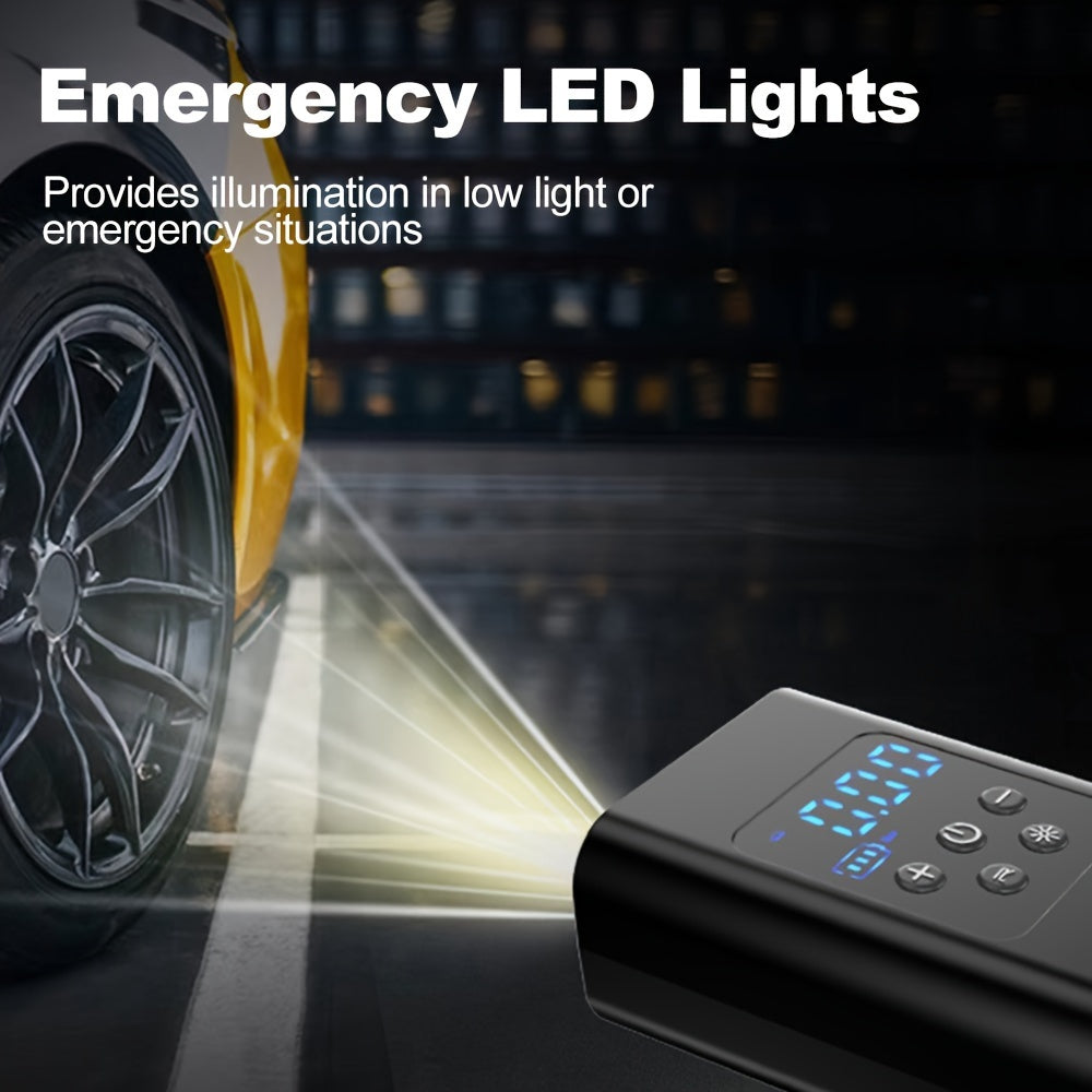 Tragbarer Luftkompressor mit 3 Akkus, LCD-Display, LED-Licht & SOS-Modus – Ideal für Auto, Motorrad & Fahrrad – Wiederaufladbar & kompakt