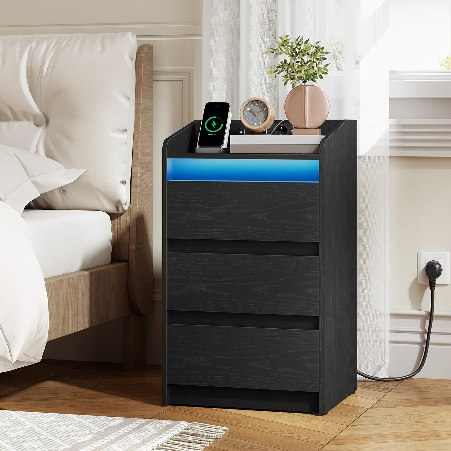 2er-Set Nachttische mit 3 Schubladen, LED-Licht & Ladestation – 2 Steckdosen, 2 USB-Ports, Weiß, ideal für Schlafzimmer & Wohnzimmer, montierbar