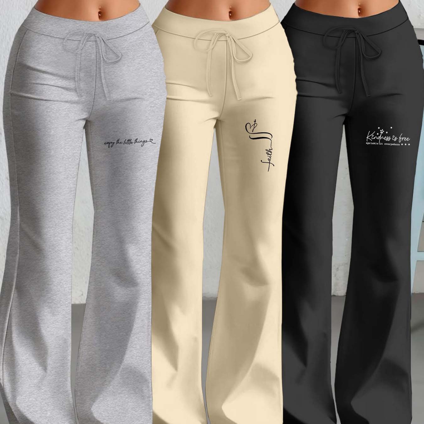 3er - Set Damenhosen mit geradem Schnitt & ausgestelltem Bein, englischem Textdruck, elastischem Stoff – stylisch & bequem für Alltag & Freizeit - FUXL - Shopify