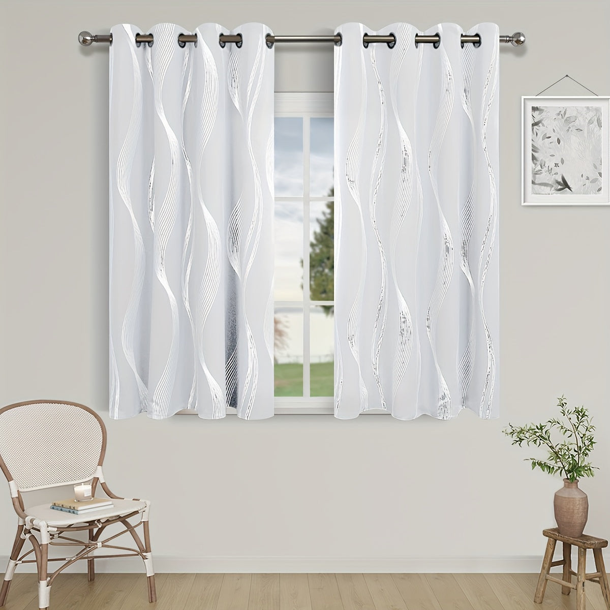 Verdunkelungsvorhänge Schwarz-Weiß Wellenmuster 2er Set - Ösenvorhänge