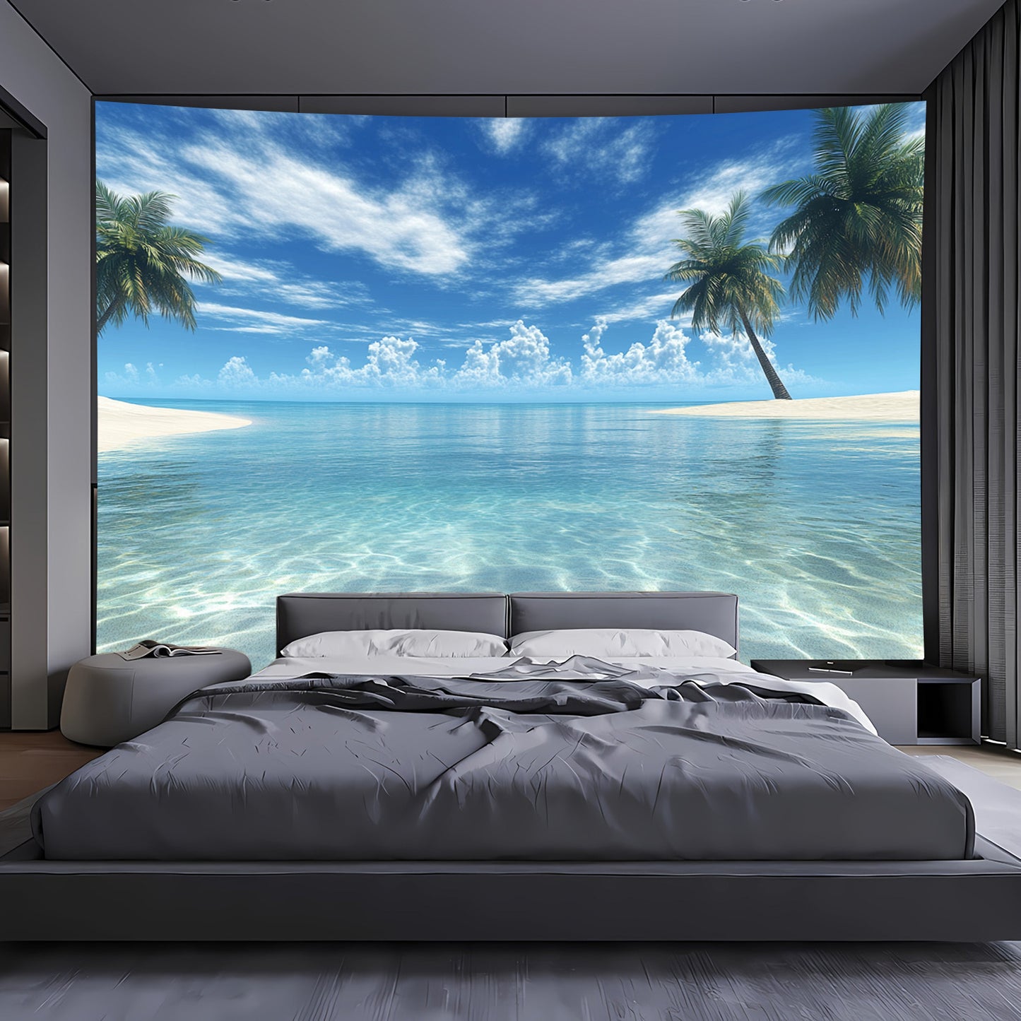 Großer tropischer Strand-Wandteppich – 2D Wandbild mit Palmen & klarem Wasser, inkl. Zubehör, ideal für Schlafzimmer & Wohnzimmer, Strand-Deko