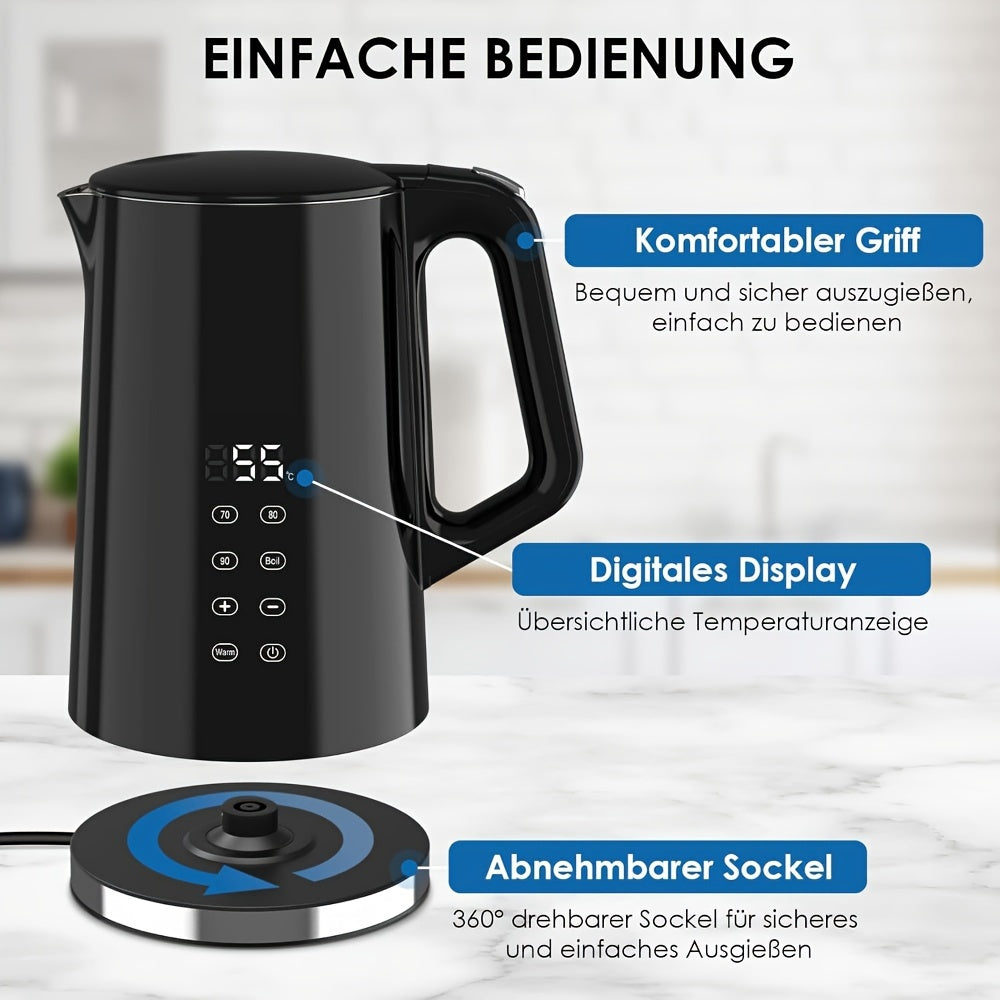 1,7L Edelstahl-Wasserkocher mit digitaler Temperaturregelung (40–100 °C), doppelwandig isoliert, BPA-frei, Trockenlaufschutz – für Haushalt & Gewerbe