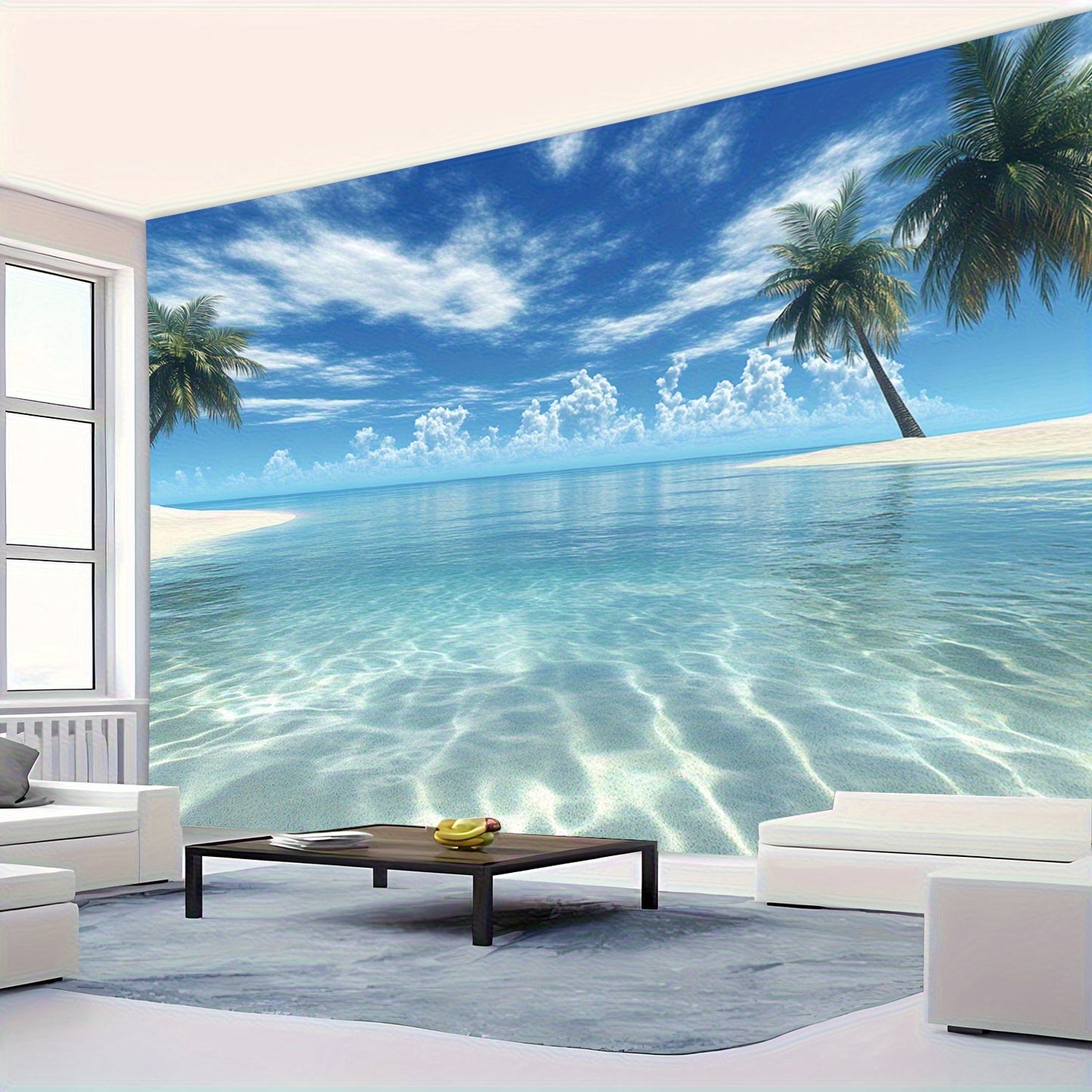 Großer tropischer Strand-Wandteppich – 2D Wandbild mit Palmen & klarem Wasser, inkl. Zubehör, ideal für Schlafzimmer & Wohnzimmer, Strand-Deko