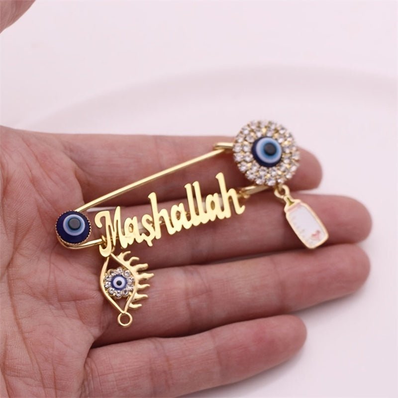 1x Islamische Brosche – Allah/Mashallah Kalligraphie, Hamsa/Hizkia Auge, goldfarbener Schmuck mit blauen & klaren Perlen – Unisex Pin für Hochzeit, Geburtstag, Eid