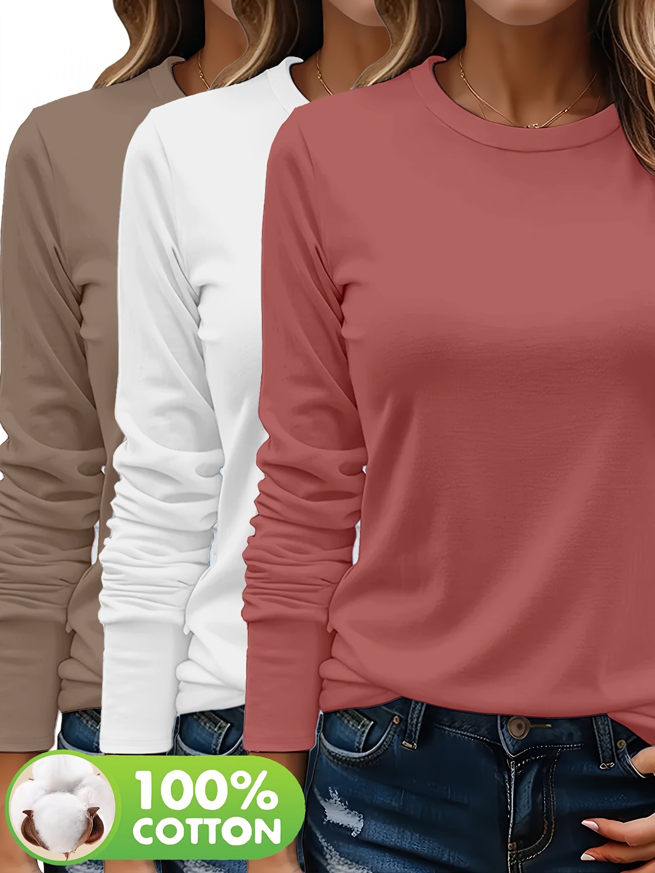 3er - Set Damen Langarmshirts aus 100 % schwerer Baumwolle – weich, langlebig, maschinenwaschbar – unifarben, bequem, für Alltag & jede Saison - FUXL - Shopify