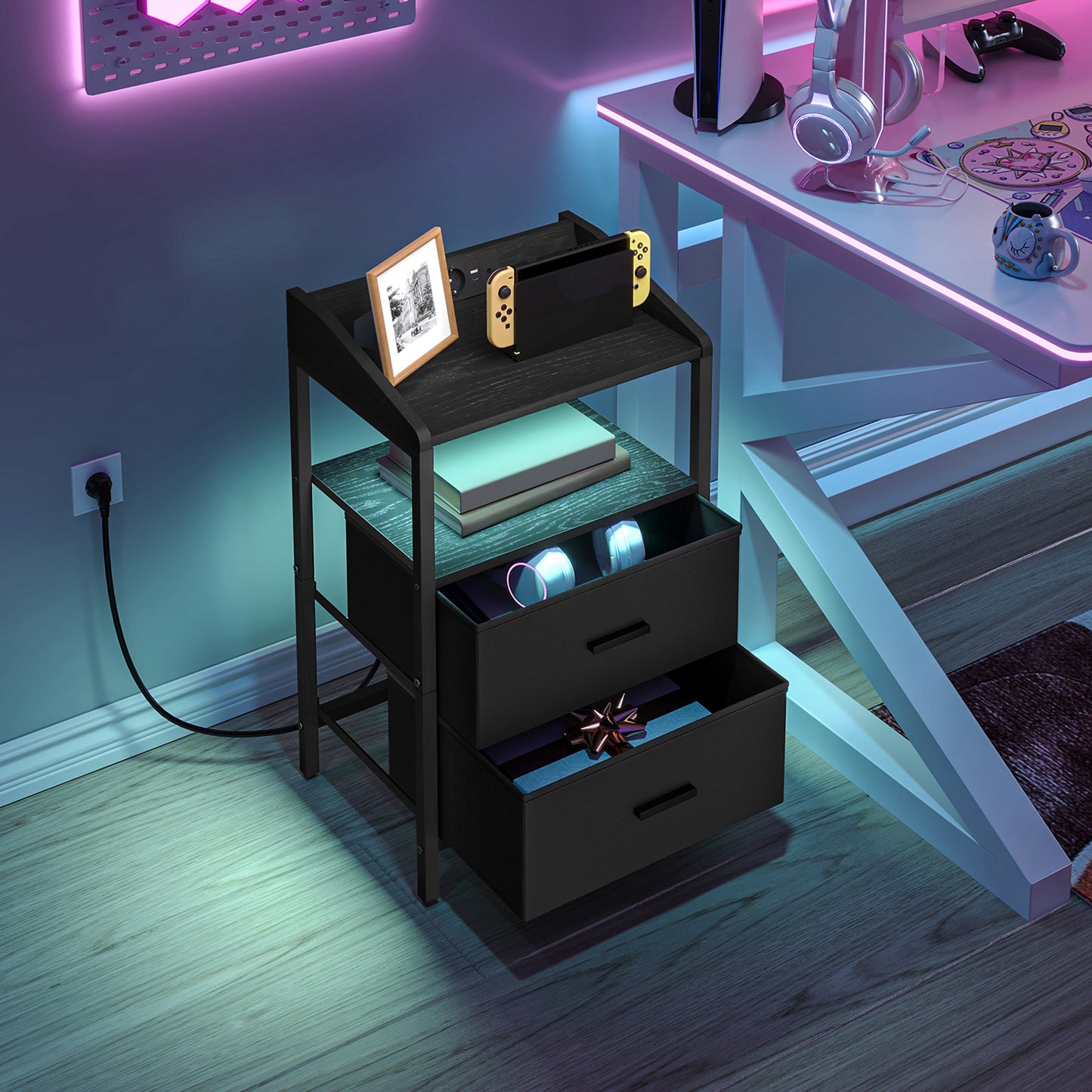 2er-Set Nachttische mit LED & Ladefunktion – Stoffschubladen, USB/Steckdose, Weiß/Schwarz