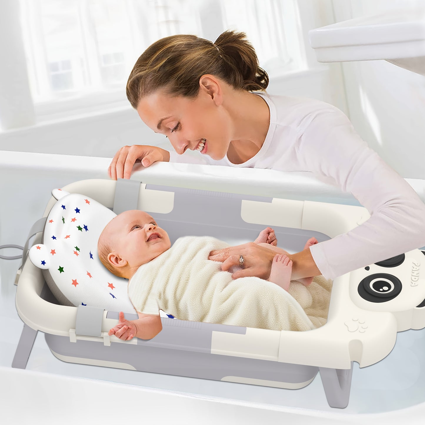 Faltbare Babybadewanne mit Badekissen & integriertem Thermometer – tragbar, rutschfest, leicht & stabil – ideal für Neugeborene, Kleinkinder, Reisen & Zuhause