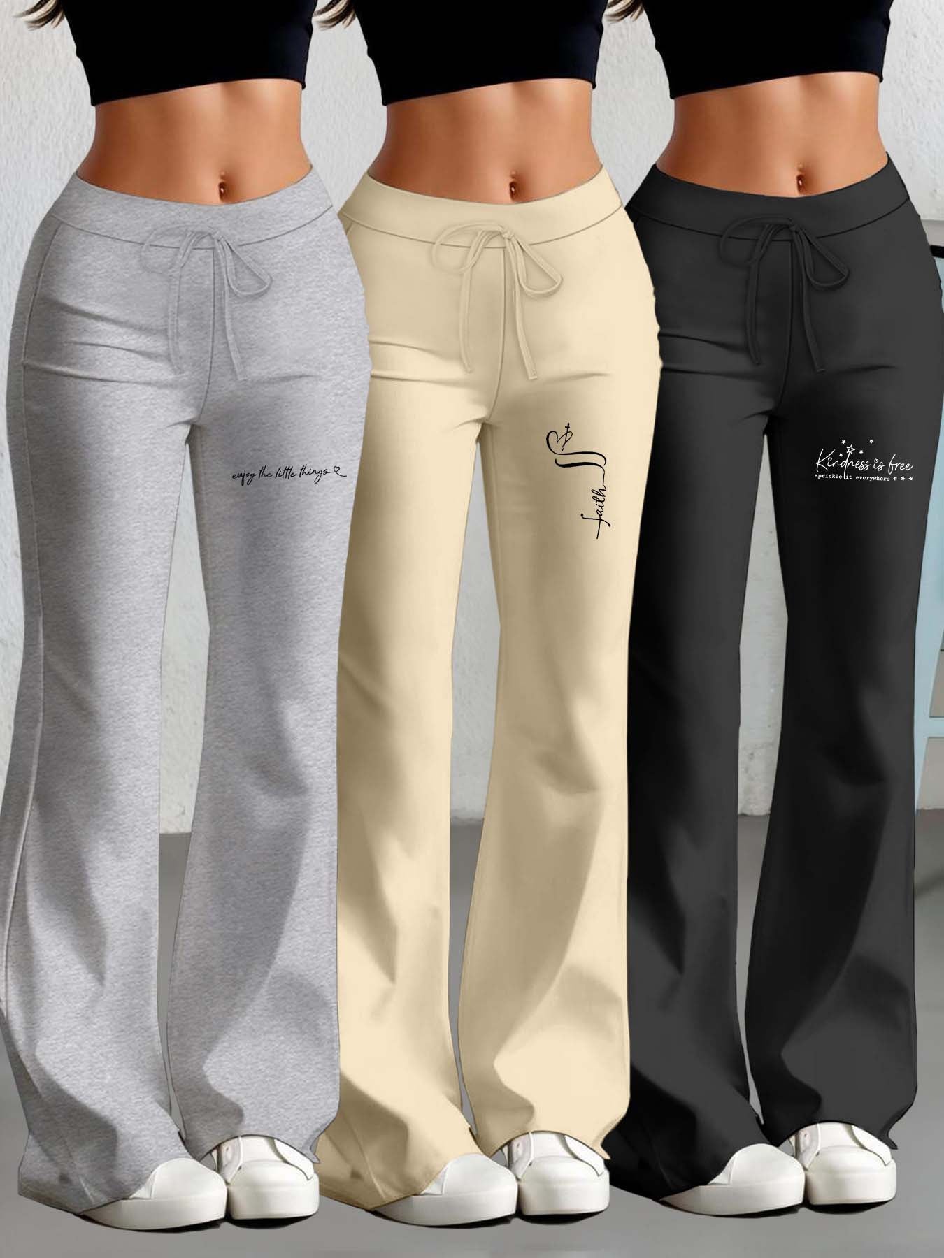3er-Set Damenhosen mit geradem Schnitt & ausgestelltem Bein, englischem Textdruck, elastischem Stoff – stylisch & bequem für Alltag & Freizeit