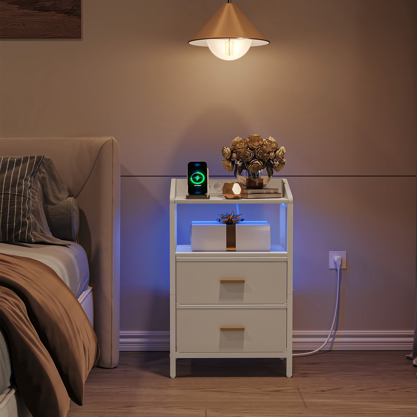 2er-Set LED-Nachttische mit Ladefunktion, Stoffschubladen & USB/Steckdose – Weiß/Schwarz