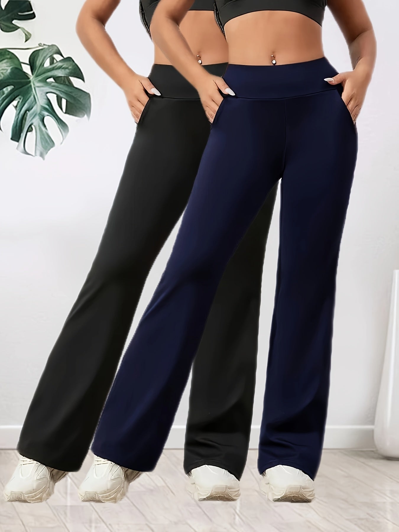 2er-Set Damen High-Waist Weite Flare-Hosen – Dehnbarer Elastikbund, atmungsaktiver lockerer Schnitt für Yoga, Spaziergänge & Freizeit, Olivgrün & Schwarz, Seitentaschen, Ganzjahreskomfort