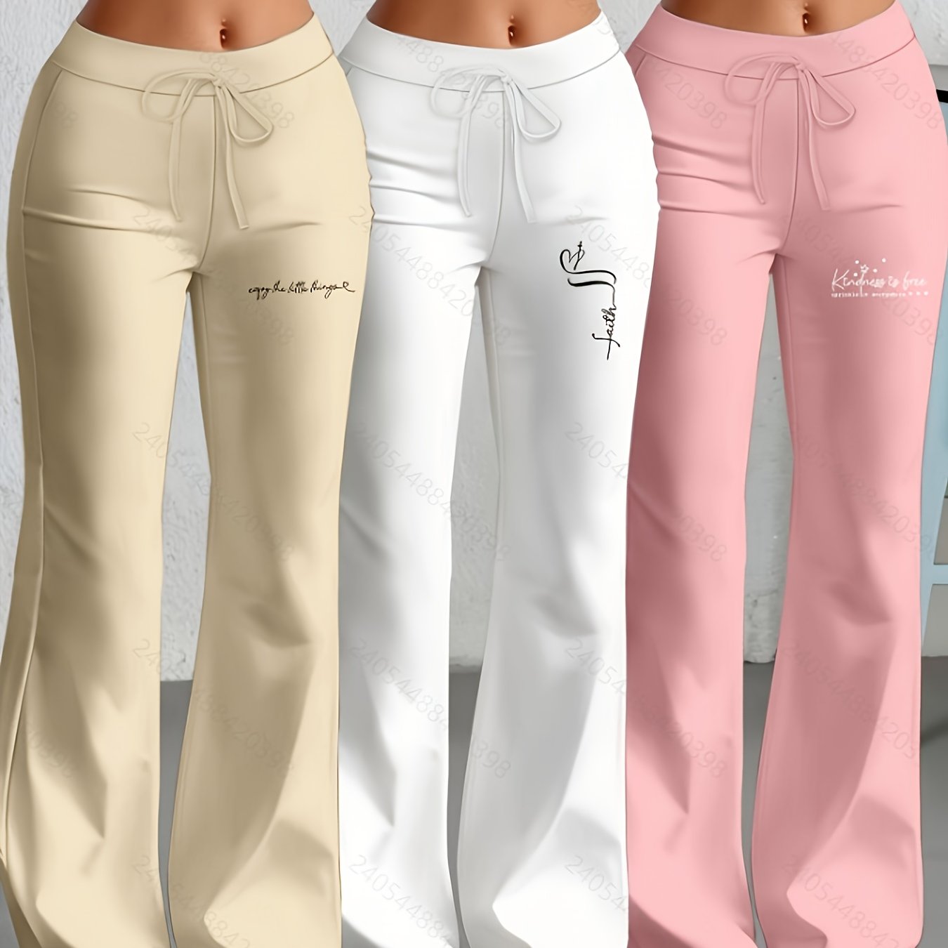 3er-Set Damenhosen mit geradem Schnitt & ausgestelltem Bein, englischem Textdruck, elastischem Stoff – stylisch & bequem für Alltag & Freizeit