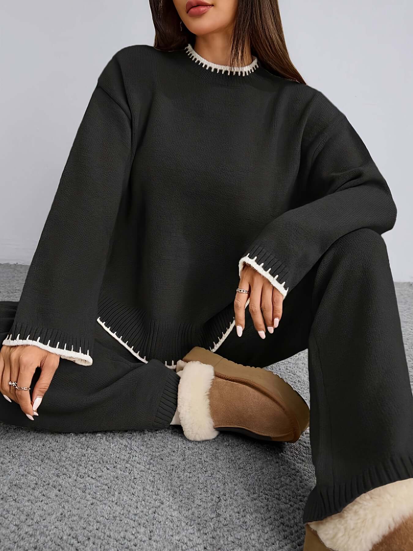 Zweiteiler Damen ZD0505906 – Elegantes Set mit Rundhals Pullover & Hose, Kontrastdesign, Frühling bis Winter
