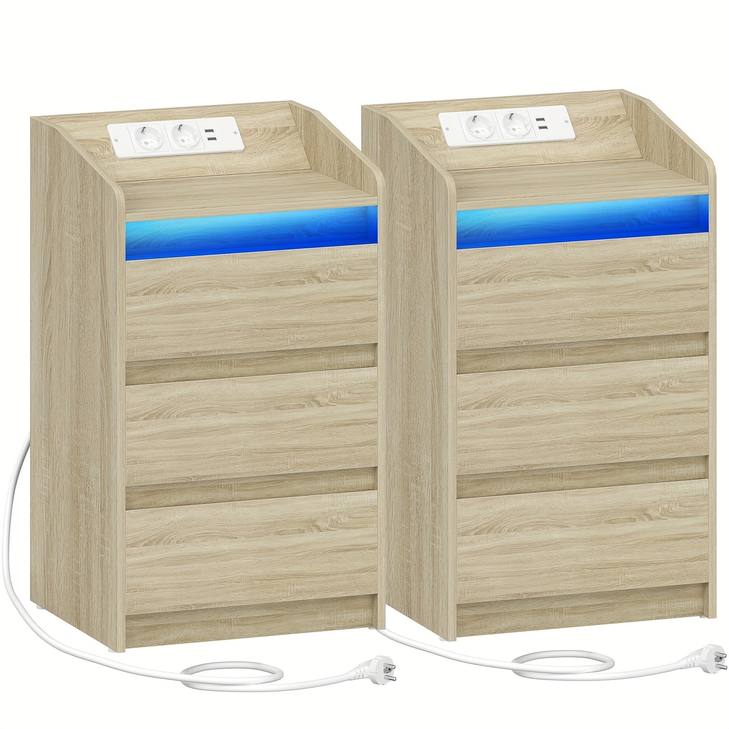 2er-Set Nachttische mit 3 Schubladen, LED-Licht & Ladestation – 2 Steckdosen, 2 USB-Ports, Weiß, ideal für Schlafzimmer & Wohnzimmer, montierbar