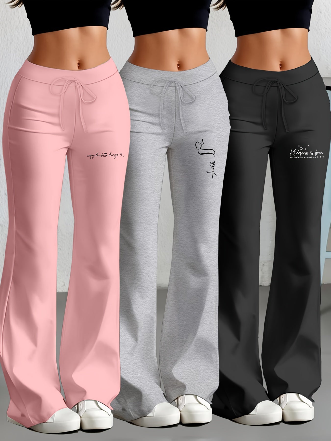 3er - Set Damenhosen mit geradem Schnitt & ausgestelltem Bein, englischem Textdruck, elastischem Stoff – stylisch & bequem für Alltag & Freizeit - FUXL - Shopify