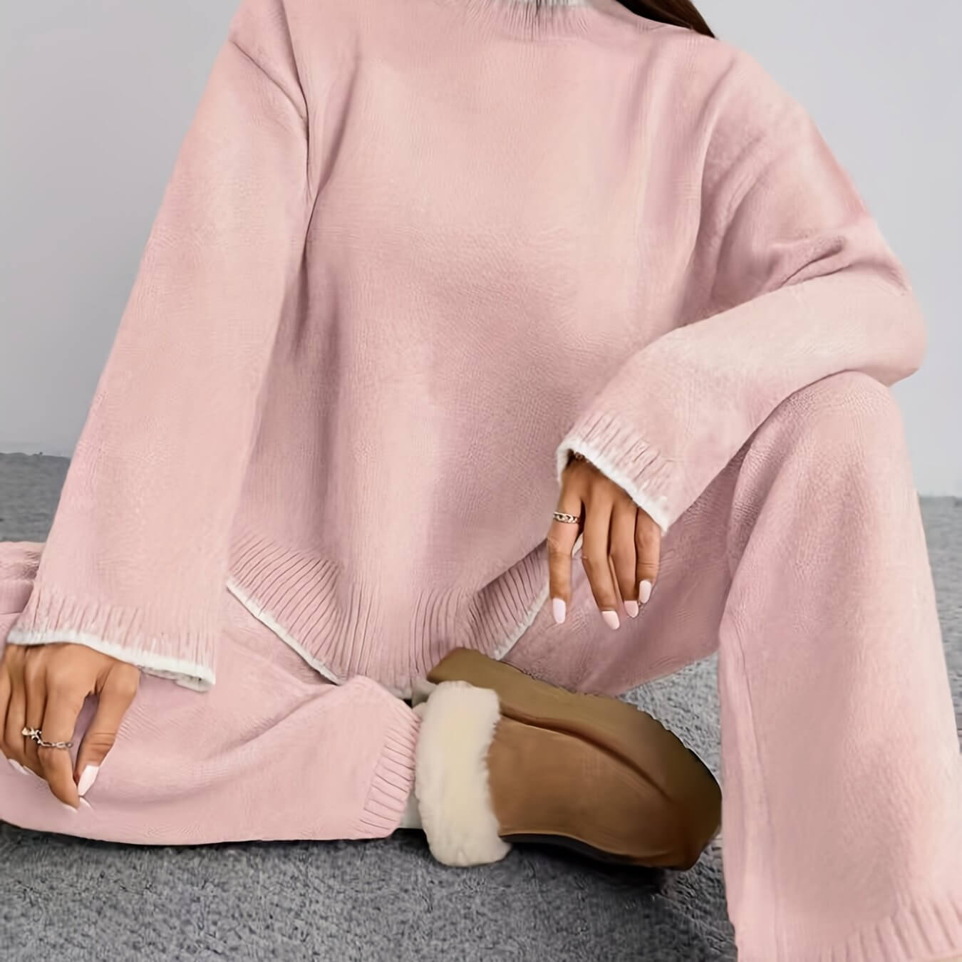 Zweiteiler Damen ZD0505906 – Elegantes Set mit Rundhals Pullover & Hose, Kontrastdesign, Frühling bis Winter