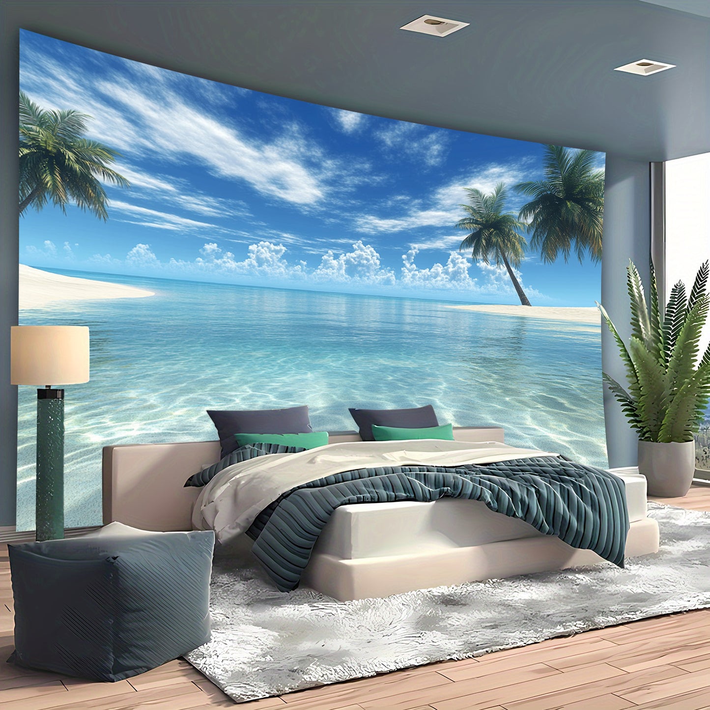 Großer tropischer Strand-Wandteppich – 2D Wandbild mit Palmen & klarem Wasser, inkl. Zubehör, ideal für Schlafzimmer & Wohnzimmer, Strand-Deko