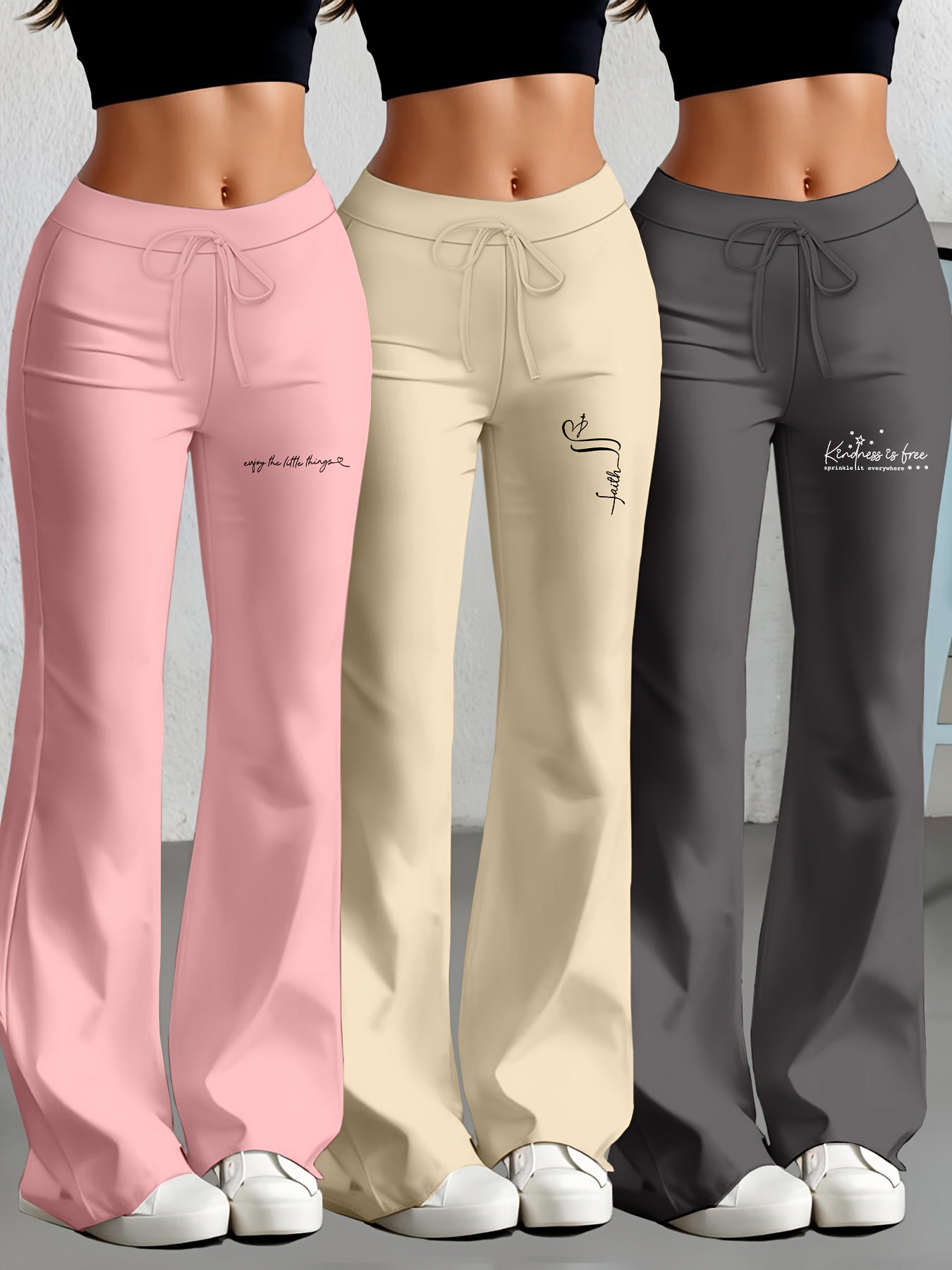 3er - Set Damenhosen mit geradem Schnitt & ausgestelltem Bein, englischem Textdruck, elastischem Stoff – stylisch & bequem für Alltag & Freizeit - FUXL - Shopify