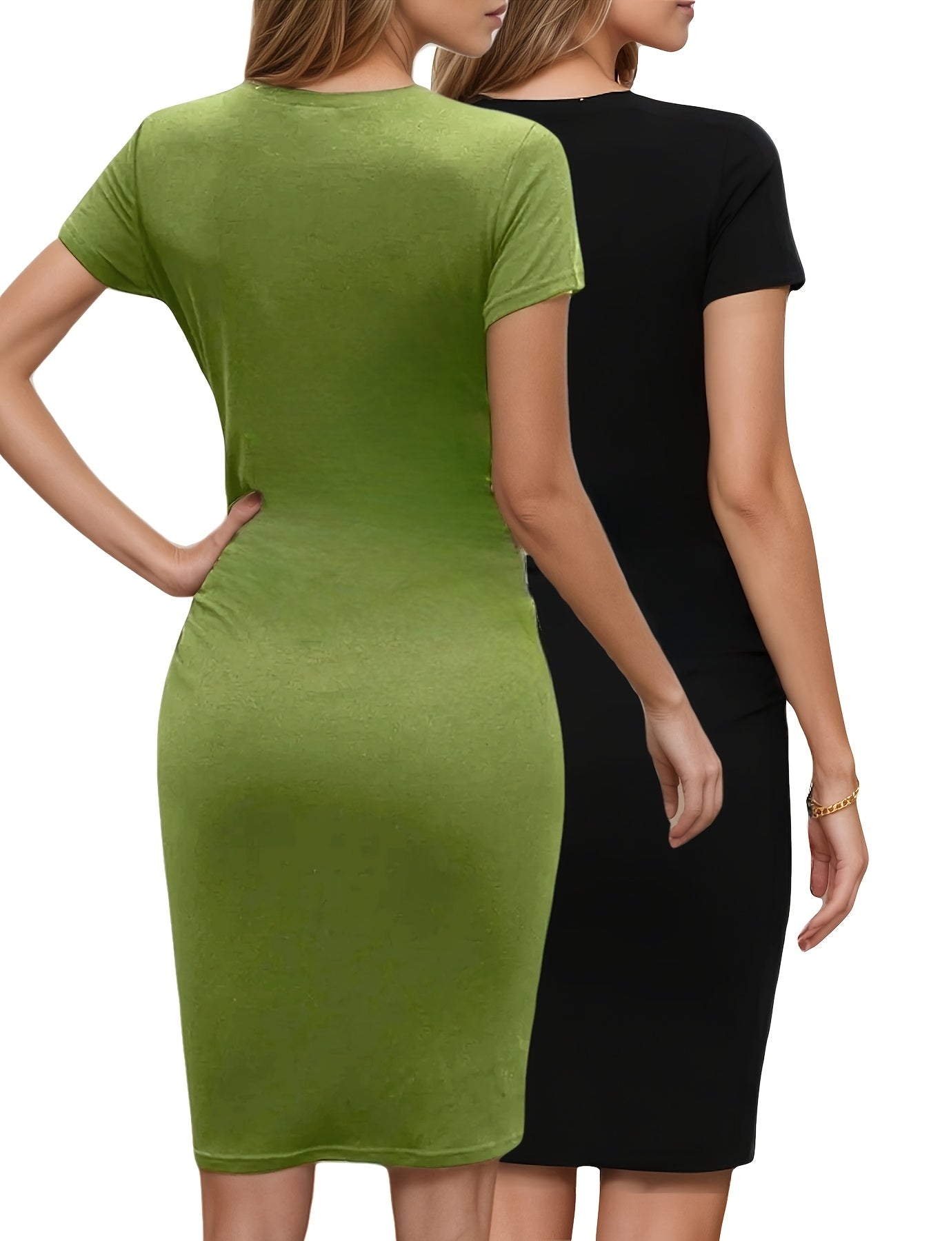 Damen Bodycon-Kleid – Einfarbig, knielang, kurzarm, verstellbare Träger, rundhals, ohne Polster, ideal für Sommer, Party, Club & elegante Anlässe